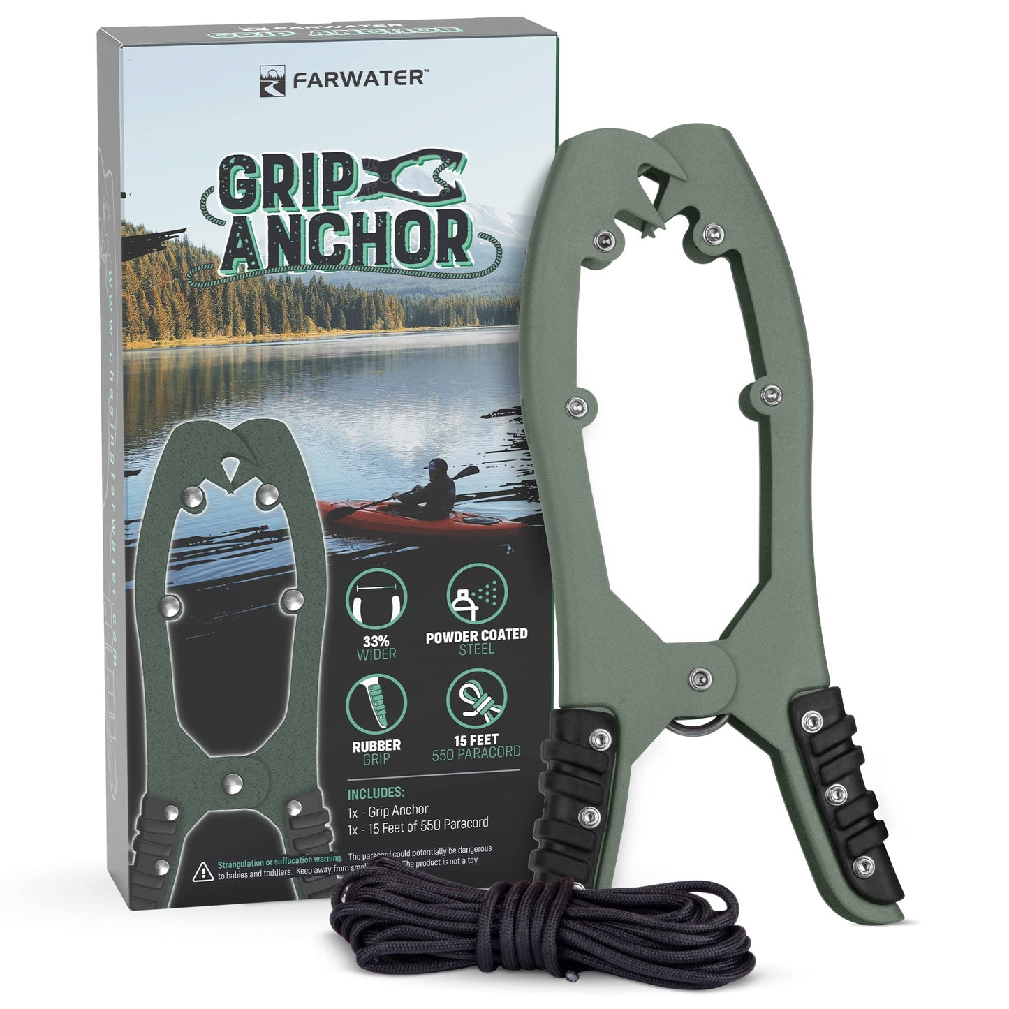 Canoe Anchor Grip - Boat, Float Tube & Kayak Fishing Accessories, Kayaking Equipment - Brush Clamp Anchor with Teeth - Gripper with 15ft Paracord - Rubber Grips - Coated Steel -