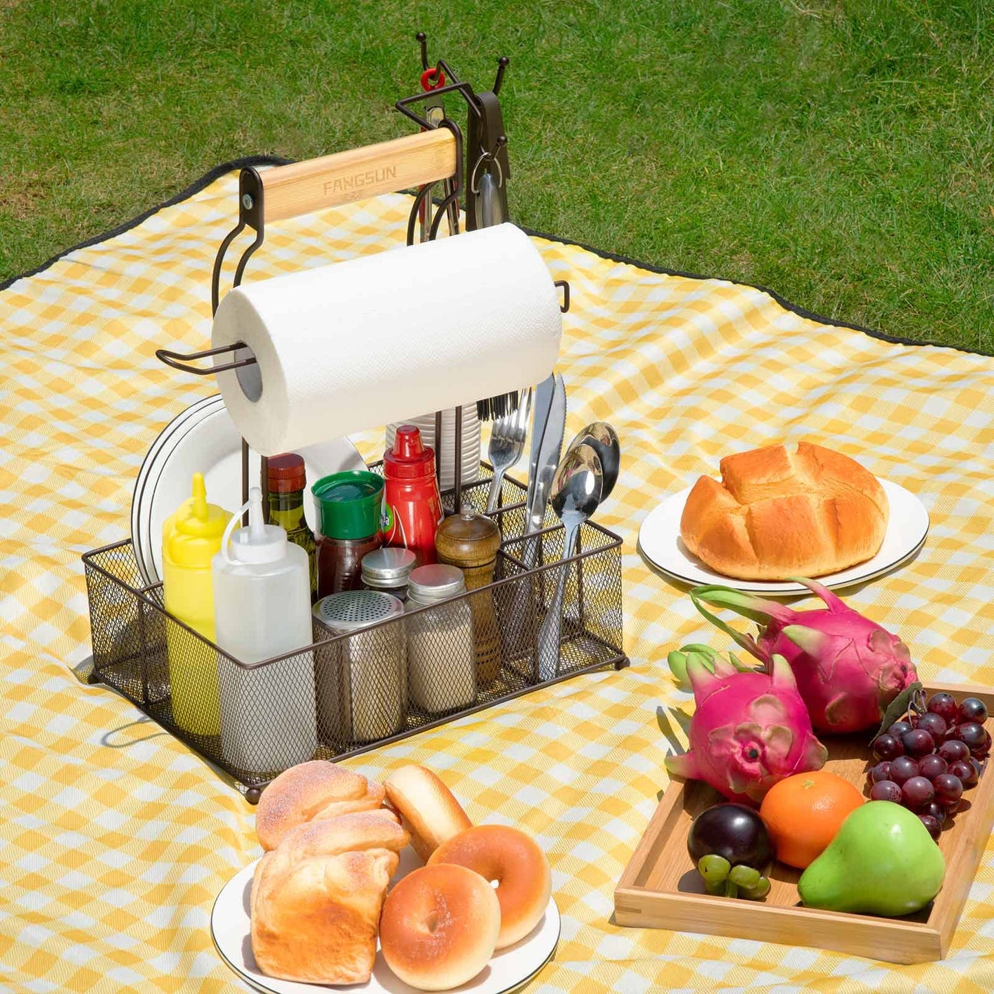 FANGSUN Grill Caddy, BBQ Caddy with Paper Towel Holder, Picnic Condiment Utensil Caddy for Outdoor Camping, Barbecue Accessories Storage Organizer for Griddle Grilling Tool, Rv Patio Camper Must