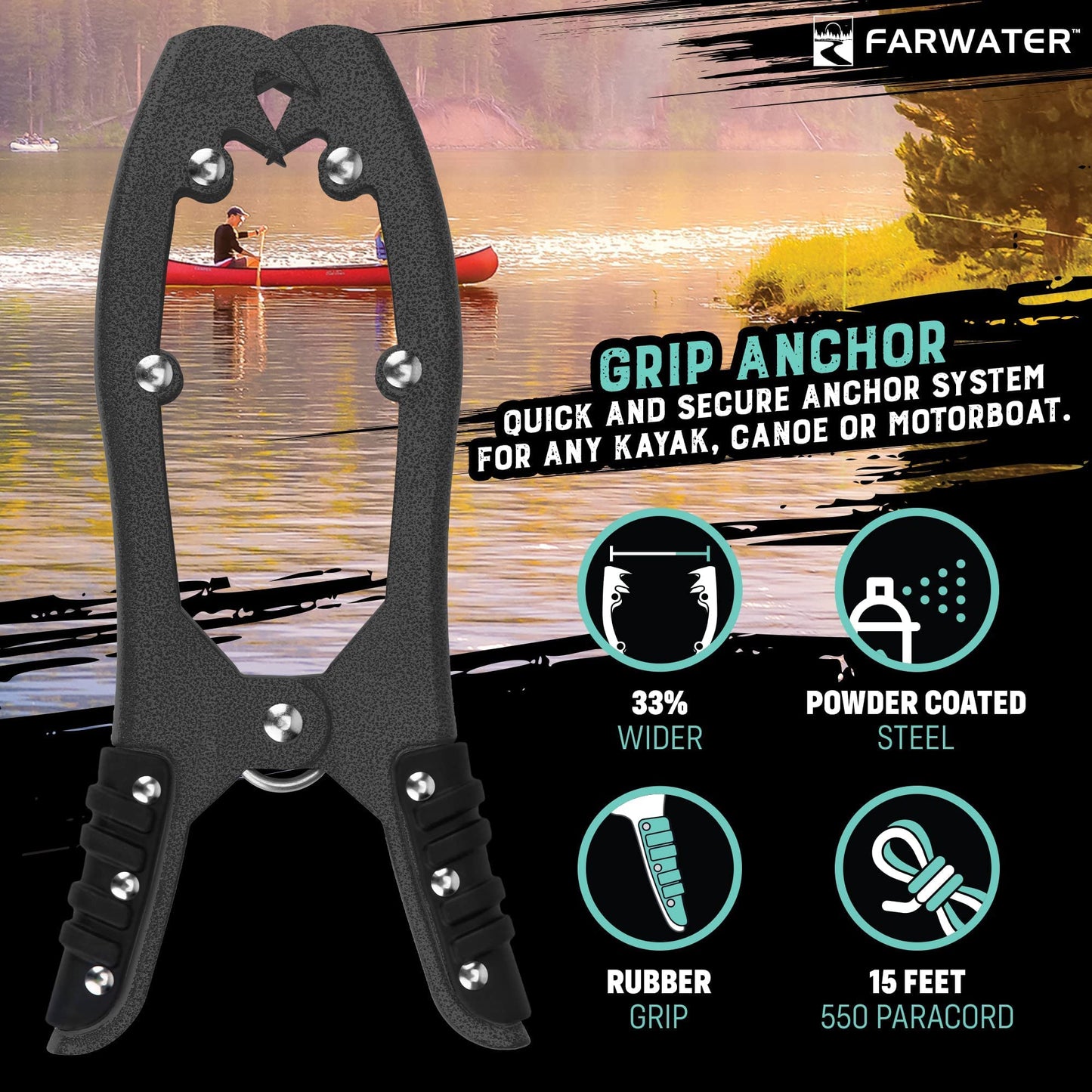 Canoe Anchor Grip - Boat, Float Tube & Kayak Fishing Accessories, Kayaking Equipment - Brush Clamp Anchor with Teeth - Gripper with 15ft Paracord - Rubber Grips - Coated Steel -