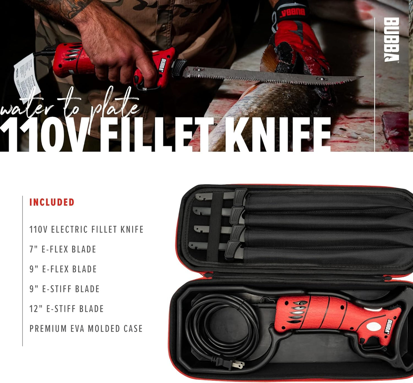 BUBBA 110V Electric Fillet Knife with Non-Slip Grip Handle, 4 Ti-Nitride S.S. Coated Non-Stick Reciprocating Blades, 8' Cord and Storage Case for Fishing