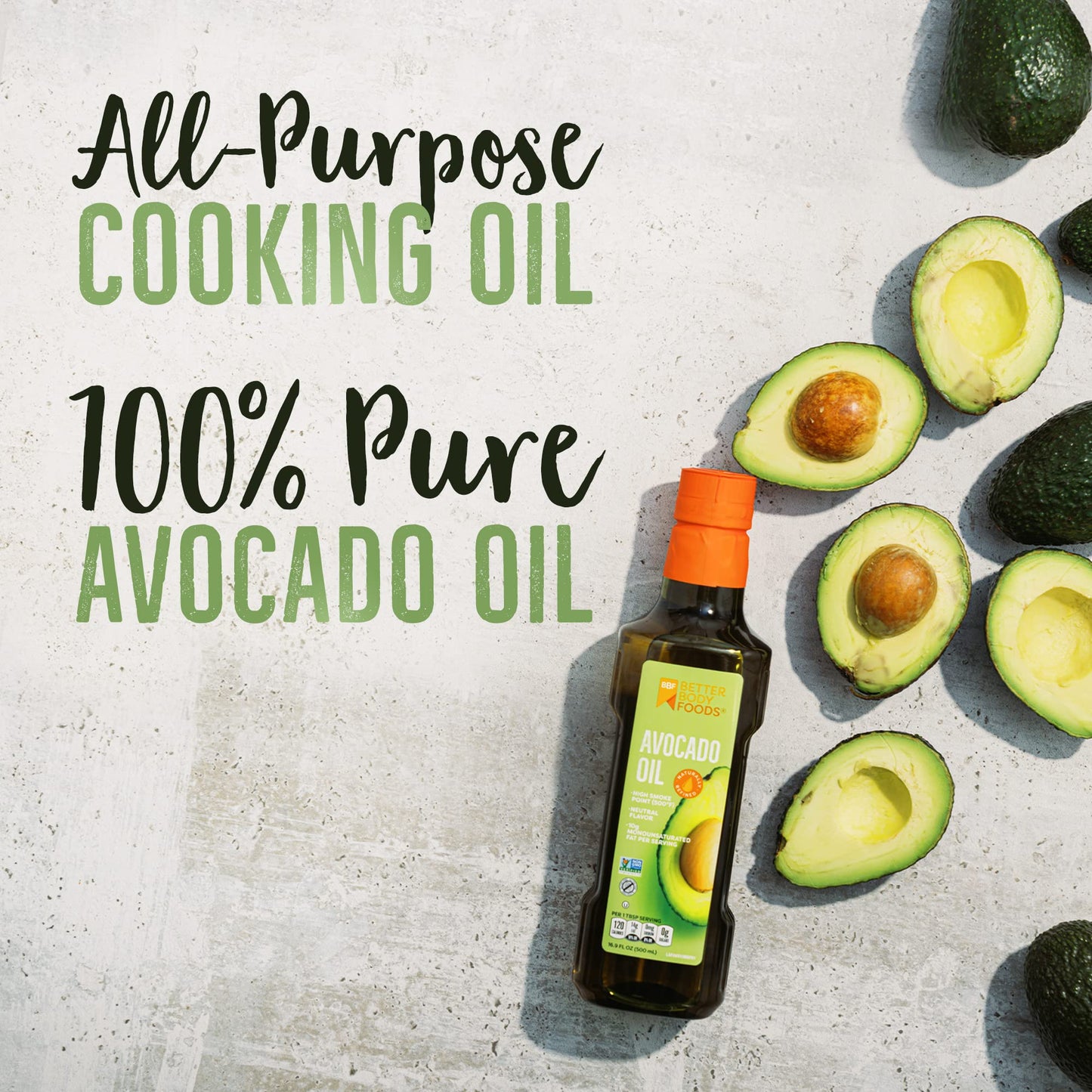 BetterBody Foods Refined Avocado Oil, Non-GMO Cooking Oil, Kosher, Keto and Paleo Diet Friendly, Frying, Baking, Avocado Oil, 500 mL, 16.9 Fl Oz