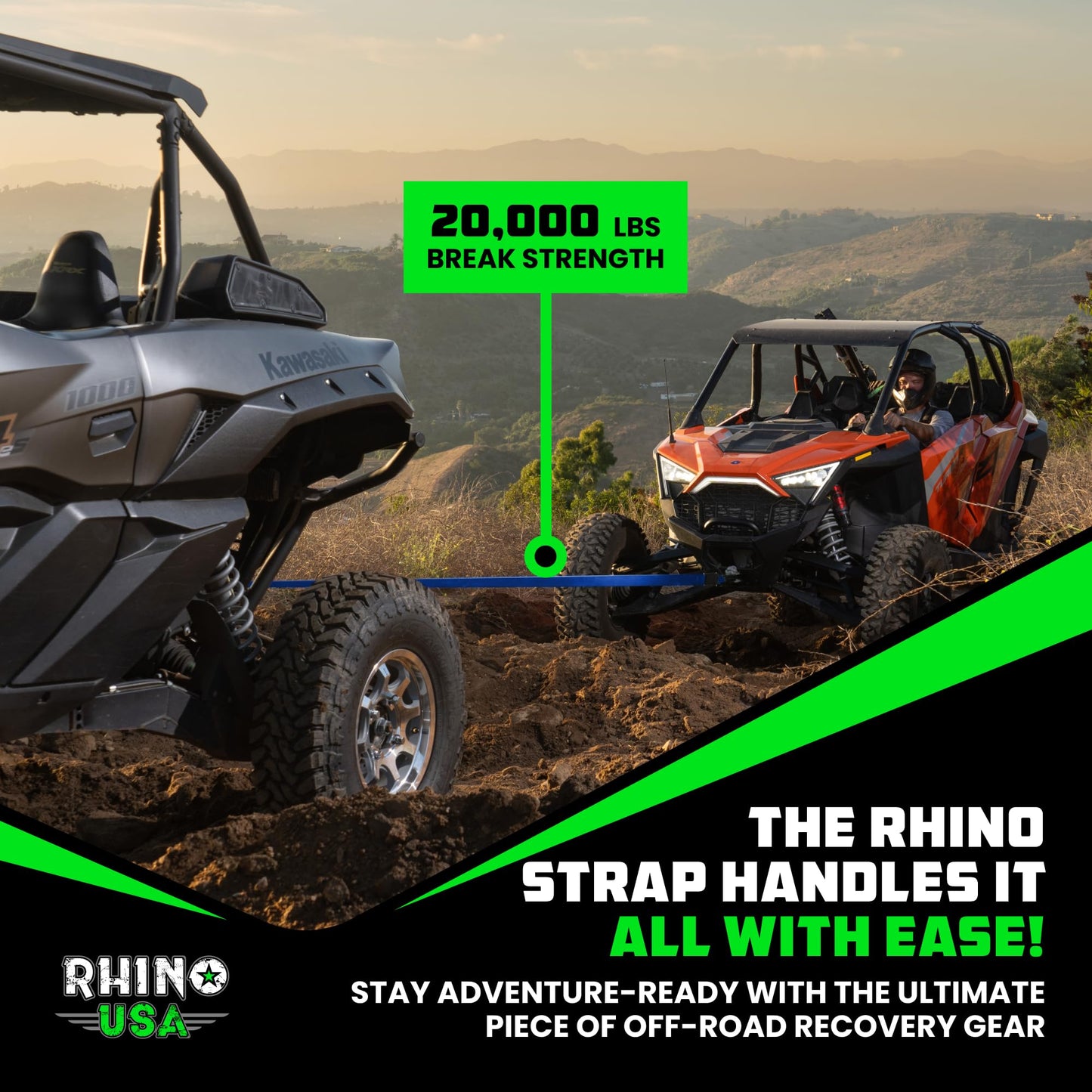Rhino USA Recovery Tow Strap (3" x 20') - 31,518lb Break Strength - Emergency Recovery Strap Tow Rope for Truck, UTV, ATV & More - Heavy Duty Towing Strap for Offroad 4x4 Use - Compatible with Jeep