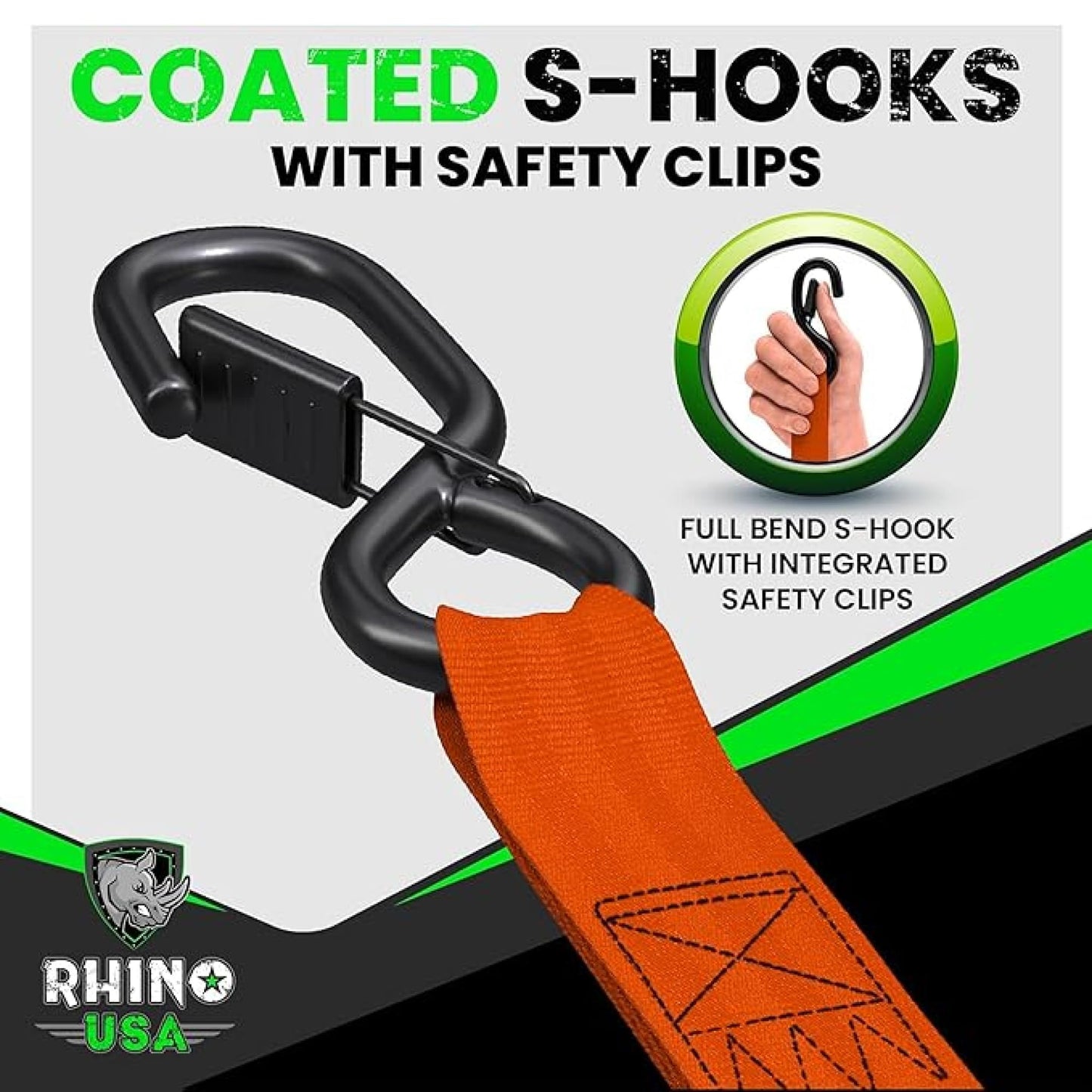 Rhino USA Retractable Ratchet Straps (4-Pack) - 1 Inch x 10 Feet (1,209lb Break Strength) - Heavy Duty Auto Self Retracting Tie Down Straps for Truck, Cargo Trailer, Motorcycle, Rad & More - Black