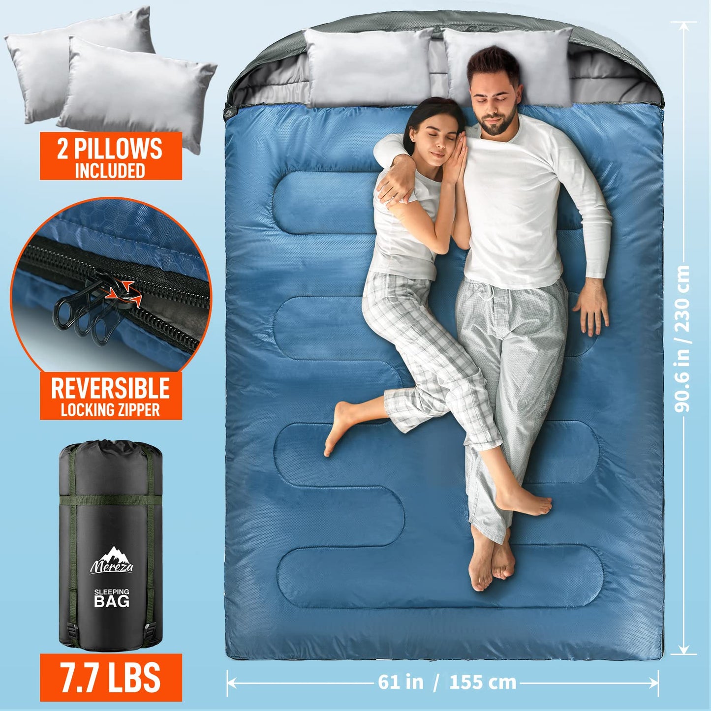 MEREZA Double Sleeping Bag for Adults Mens with Pillow, XL Queen Size Two Person Sleeping Bag for All Season Camping Hiking Backpacking 2 Person Sleeping Bags for Cold Weather & Warm