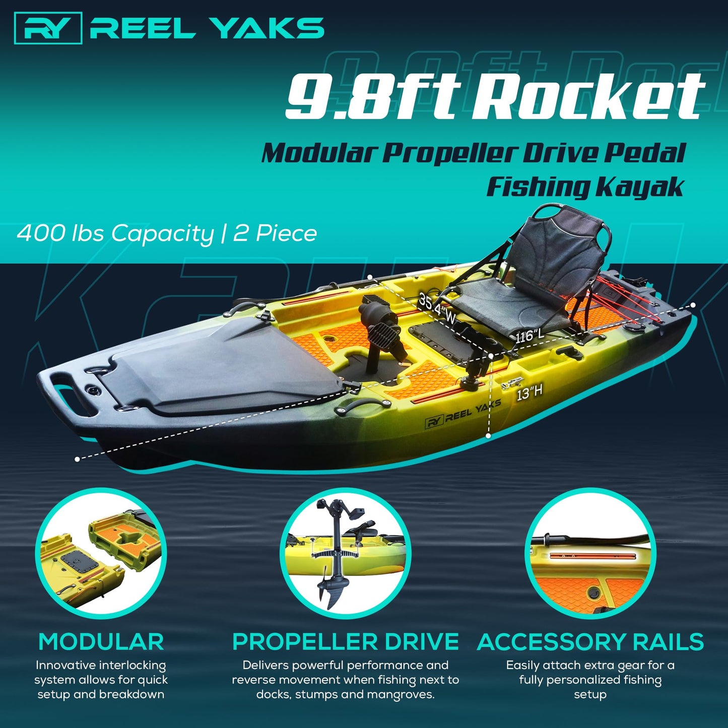 Rocket Modular Fishing Kayak - 9.8ft Lightweight Propeller Drive, Sit On Top Kayak for Adults & Youth - Stable & Portable, Ideal Space-Saving Design - 400 lbs Capacity - Yellow Black