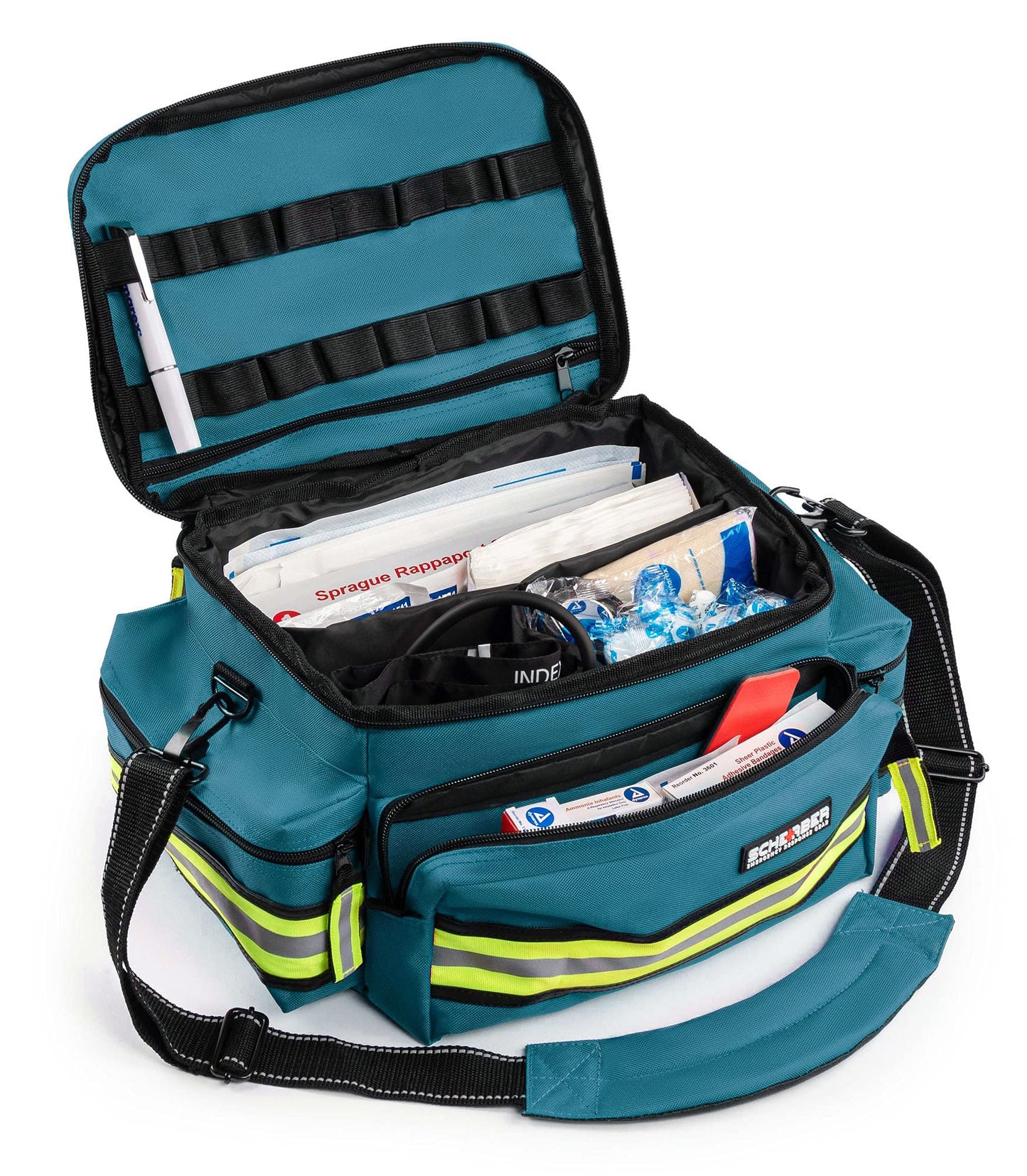 Scherber First Responder Fully-Stocked Professional Essentials EMT/EMS Trauma Kit | HSA/FSA Approved | Reflective Bag w/8 Zippered Pockets & Compartments & 200+ First Aid Supplies - Red