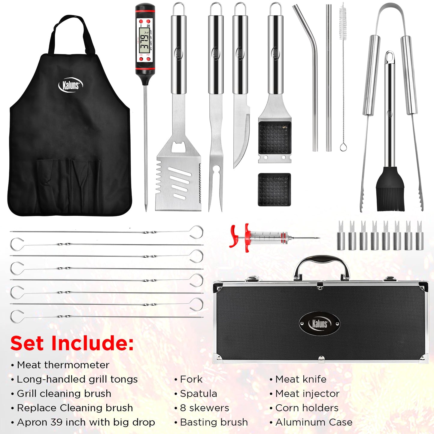 Kaluns Grilling Accessories, Dad Gifts for Fathers Day Grilling Gifts, Heavy Duty Stainless Steel BBQ Grill Tools Set for Outdoor Grill with Aluminum Case and Apron, Dad Birthday Gifts for Men Husband