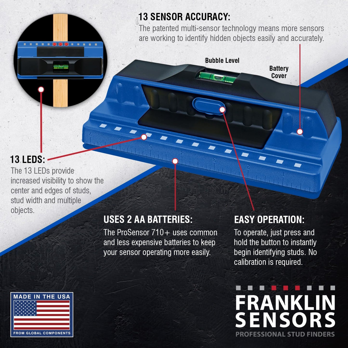 Franklin Sensors ProSensor 710+ Stud Finder with 13-Sensors, Wood & Metal Stud Detector/Wall Scanner, Built-in Bubble Level