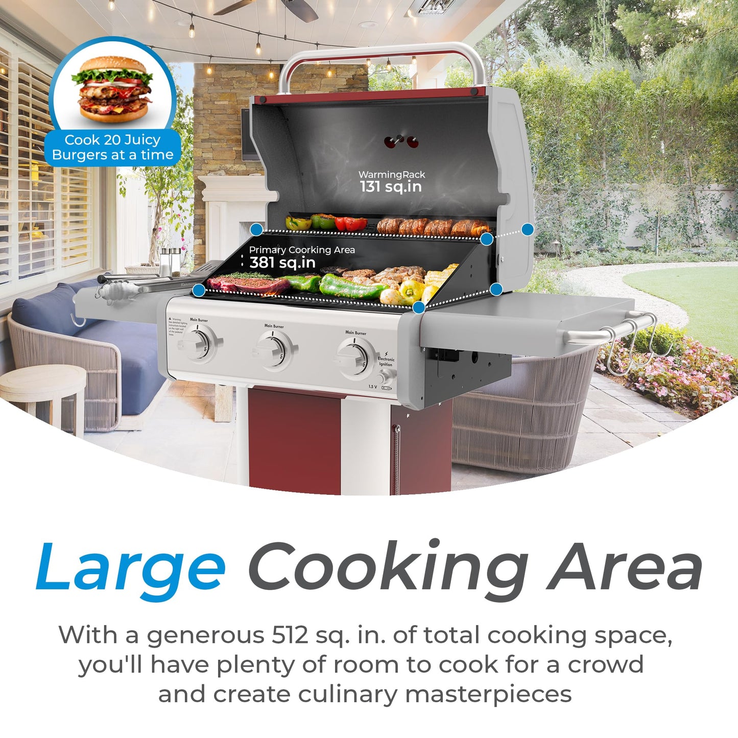 Kenmore 3-Burner Propane BBQ Grill, 30,000 BTUs Gas Grill with Cast Iron Cooking Grates, Folding Side Tables & Wheels, Outdoor Grill with Tool Hooks, Azure Blue