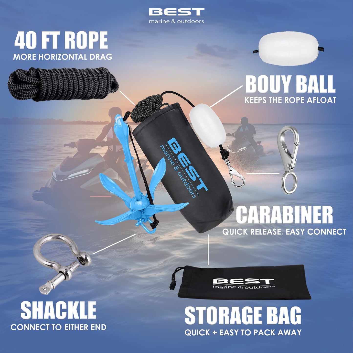 Best Marine and Outdoors Kayak Anchor, 3.5 Pound Anchor System Kit for Kayaks, Canoes, SUP Paddle Boards & Jet Skis, Fishing, Boating & Kayaking Accessories