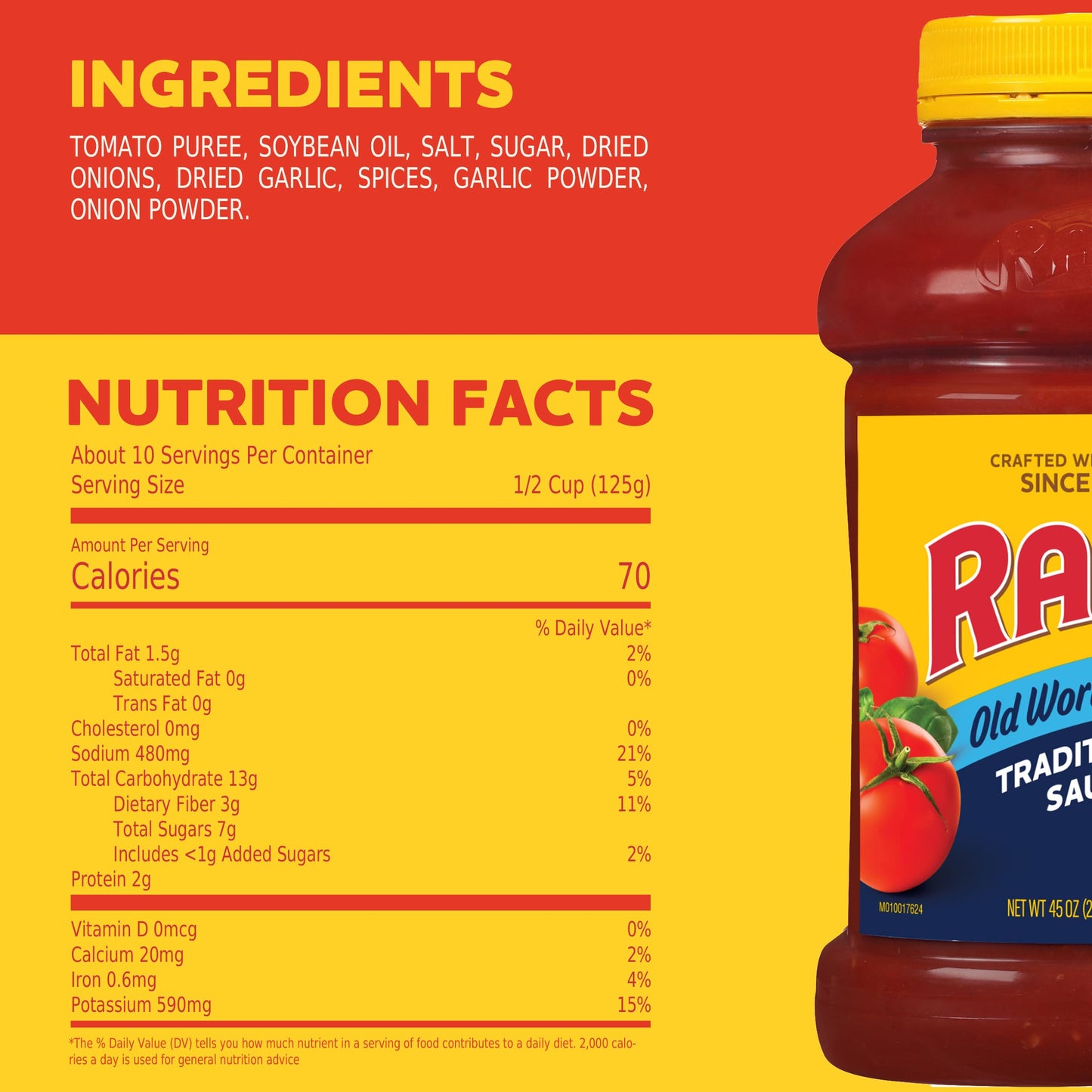 Ragu Old World Style Traditional Sauce, Made with Olive Oil, Perfect for Italian Style Meals at Home, 45 OZ