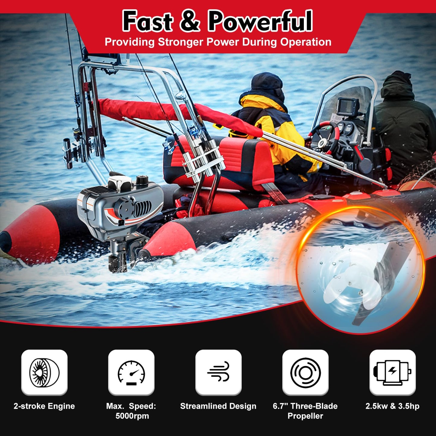 Outboard Motor Boat Engine, 2 Stroke Heavy Duty Fishing Boat Engine 3.5HP Gas Trolling Motor with Water Cooling CDI System for Rubber Boats, Inflatable Boats, Sailboats