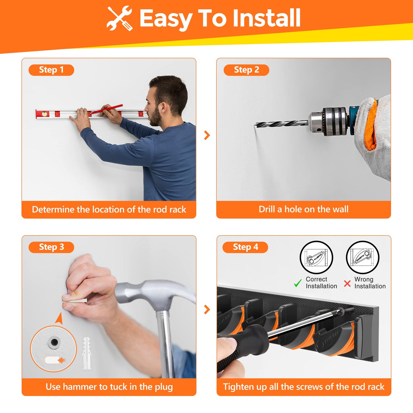 PLUSINNO Vertical Fishing Rod Holder, Wall Mounted Fishing Rod Rack, Fishing Pole Holder Holds Up to 9 Rods or Combos, Fishing Rod Holders for Garage, Fits Most Rods of Diameter 3-19mm