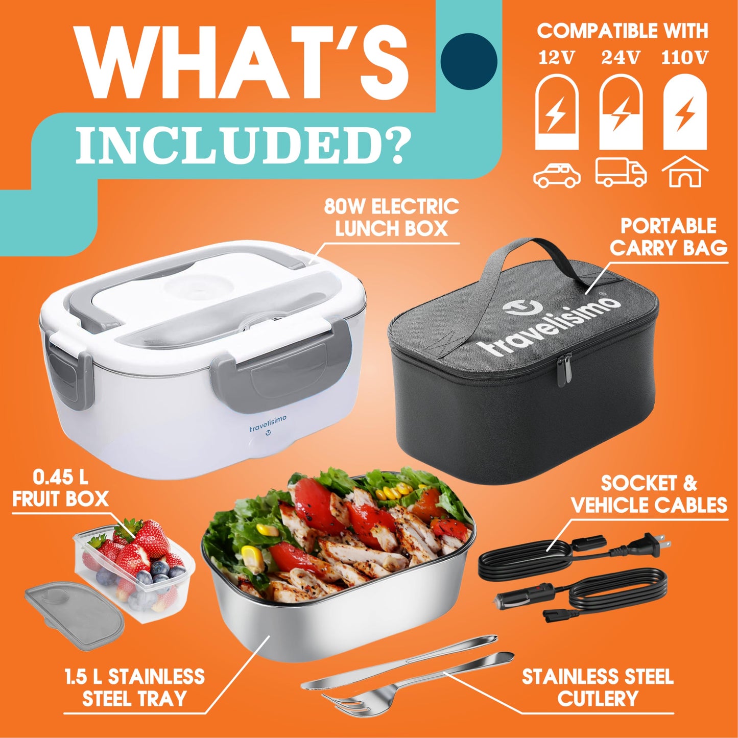 Electric Lunch Box For Adults, 80W Heated Lunch Box 1.5L, Heatable Lunchbox For Men For Car Truck Work, 12/24/110V, Loncheras Para Hombres De Trabajo, Gifts For Men, Gifts for Women