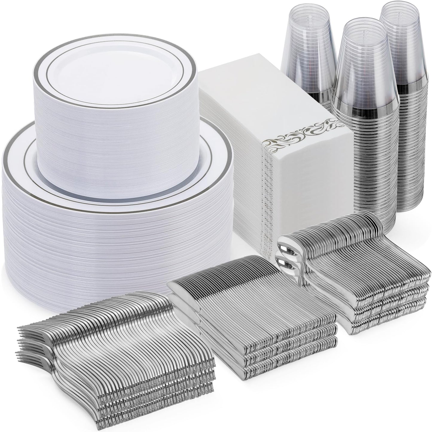 Goodluck 700 Piece Silver Dinnerware Set for 100 Guests, Disposable Plastic Plates for Party, Include: 100 Dinner Plates, 100 Dessert Plates, 100 Paper Napkins, 100 Cups, 100 Silverware set