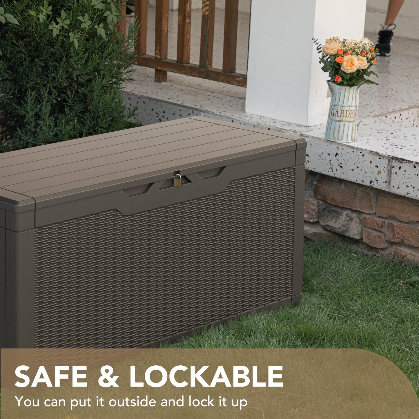 Devoko 100 Gallon Waterproof Large Resin Deck Box Indoor Outdoor Lockable Storage Container for Patio Furniture Cushions Garden Tools (100 Gallon, Black)