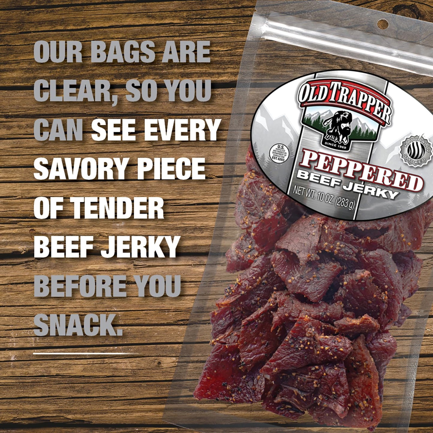 Old Trapper Beef Jerky, Old-Fashioned 10-Ounce Bag, Tender Meat Snacks for Lunches or Between Meals, 11 Grams of Protein, Zero Grams of Fat, and 70 Calories per Ounce (Pack of One)