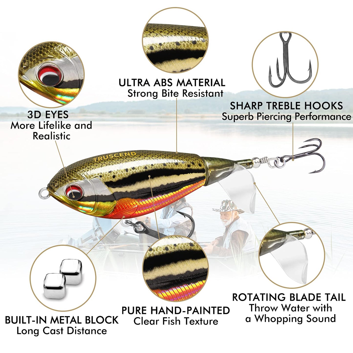 TRUSCEND PoPobait Plopper with BKK Hooks, Top Water Fishing Lures for Bass Walleye Pike Catfish Musky Perch, Floating Lure for Freshwater or Saltwater, Amazing Teasers Fishing Gifts for Family Fishing