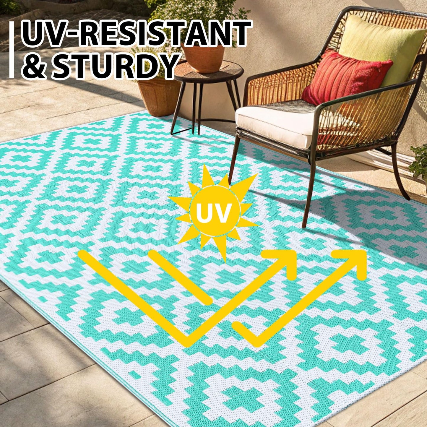 Smiry Waterproof Outdoor Rug 5x8 ft, Reversible Plastic Straw Patio Camping Rugs, Outdoor Indoor RV Mat Carpet for Patio, Outside Entry, Backyard, Deck, Bench, Picnic, Camper, Black & Beige