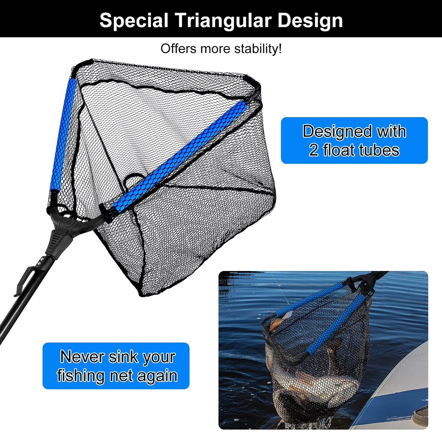 PLUSINNO Fishing Net Fish Landing Net, Foldable Collapsible Telescopic Pole Handle, Durable Nylon Material Mesh, Safe Fish Catching or Releasing