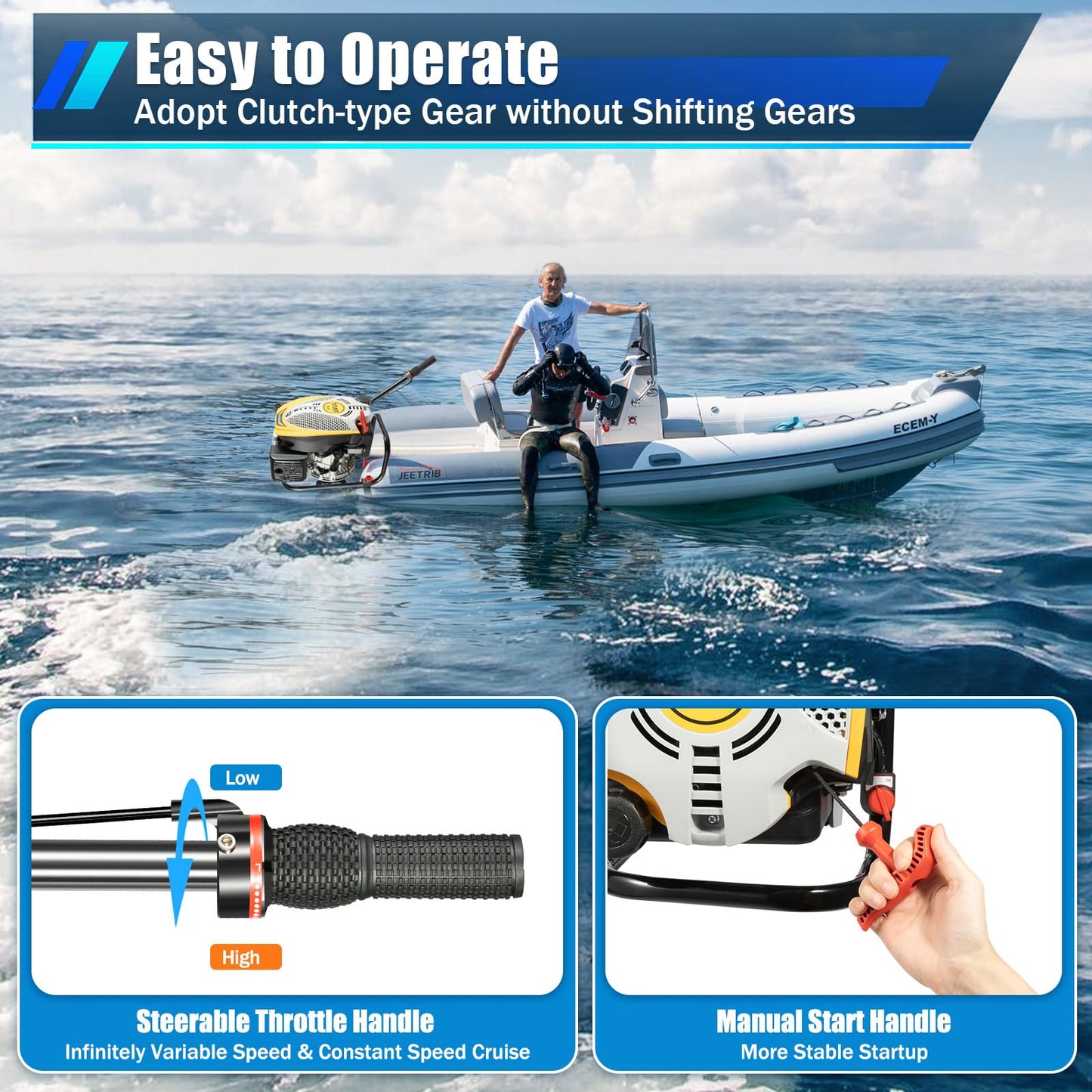 52cc Single Cylinder Gas 2.3HP Outboard Motor, Long Shaft with Air Cooling for Inflatable, Rubber, Fishing Boats, Yachts, Water Sports
