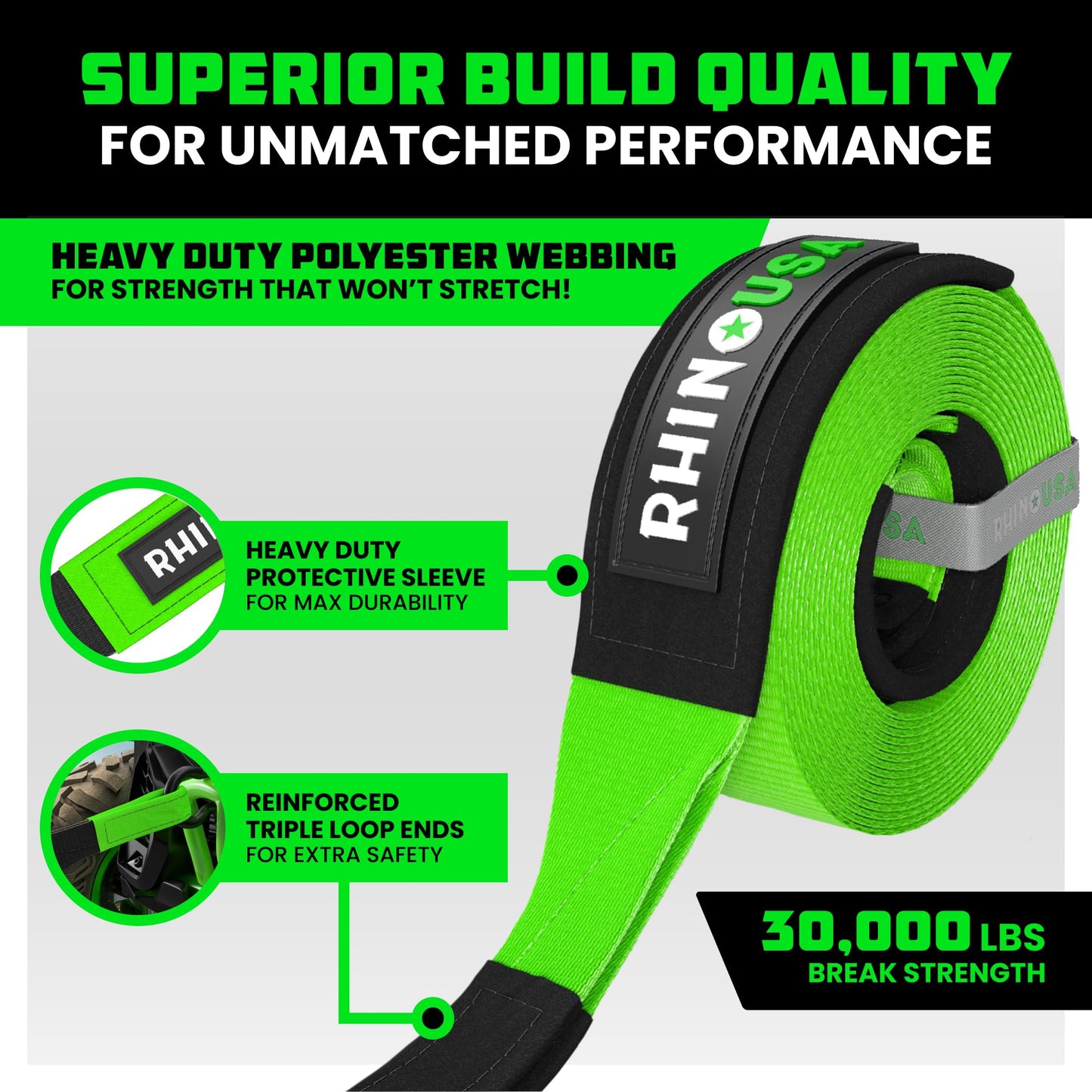 Rhino USA Recovery Tow Strap (3" x 20') - 31,518lb Break Strength - Emergency Recovery Strap Tow Rope for Truck, UTV, ATV & More - Heavy Duty Towing Strap for Offroad 4x4 Use - Compatible with Jeep