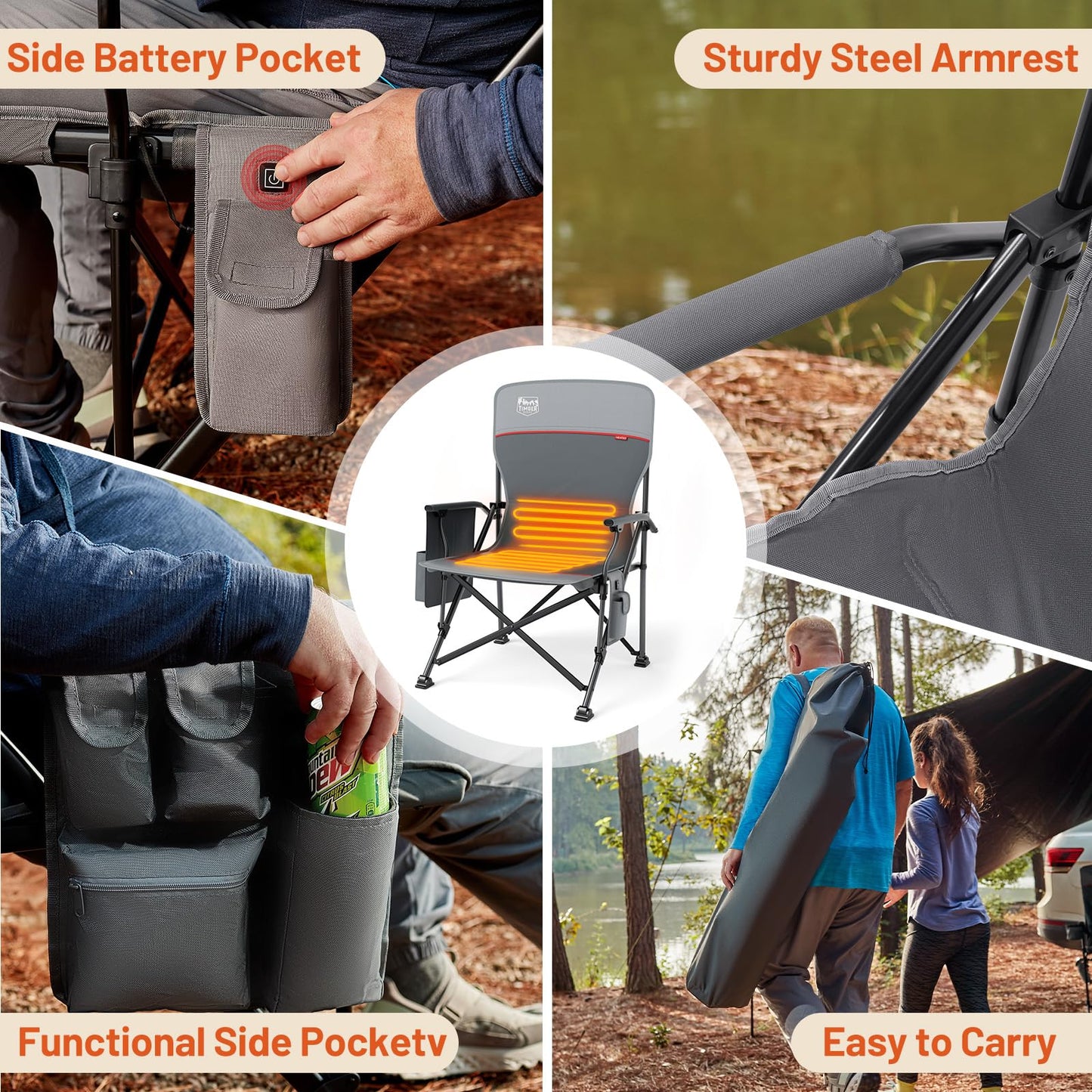 TIMBER RIDGE Oversized Folding Camping Chair High Back Heavy Duty for Adults Support up to 500lbs with Cup Holder, Side Pocket Cooler Bag
