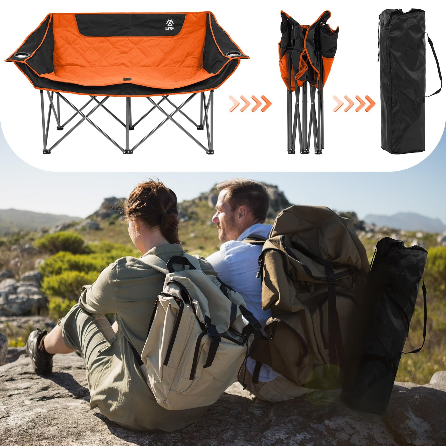 Camping Chair, Oversized Loveseat Double 2 Person Outdoor Chair with Arms, Cup Holder and Carry Bag, Heavy-Duty Collapsible Chair for Outside,Black/Gray
