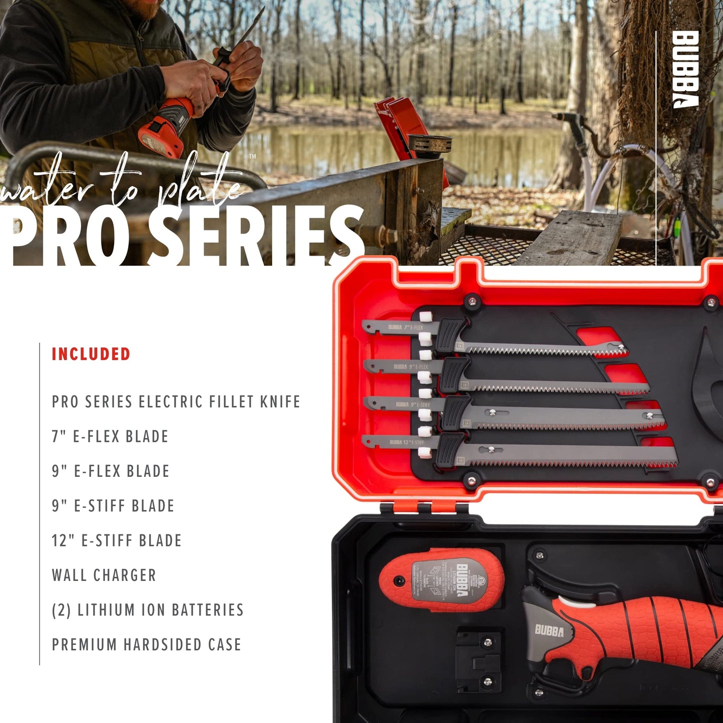 Bubba Pro Series Lithium-Ion Electric Fillet Knife with Non-Slip Grip Handle, 4 Ti-Nitride S.S. Coated Non-Stick Reciprocating Blades, Charger and Case for Fishing