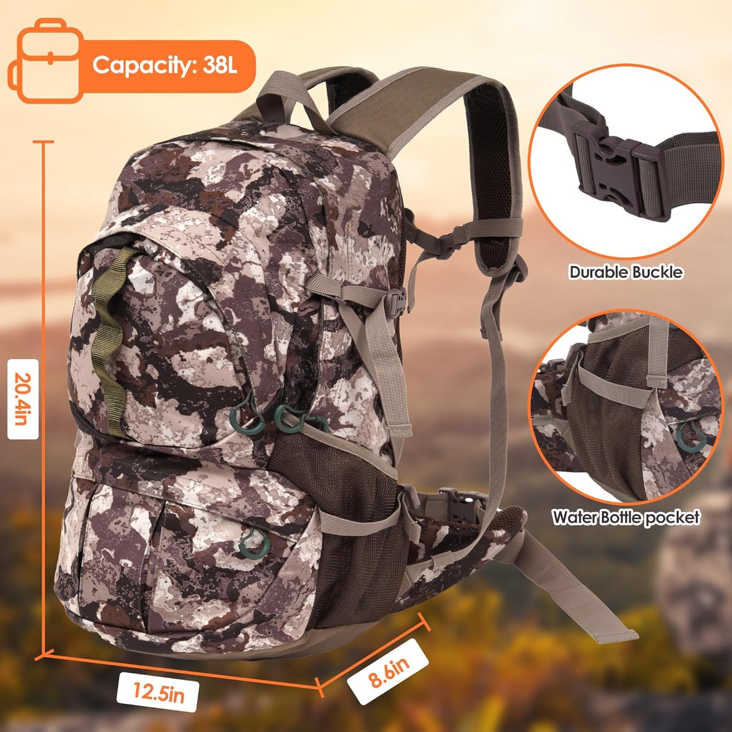 Hunting Backpack, 38L Camouflage Hunting Backpack with Waterproof Rain Cover, Durable Large Capacity Hunting Day Pack for Hiking, Fishing, Shooting