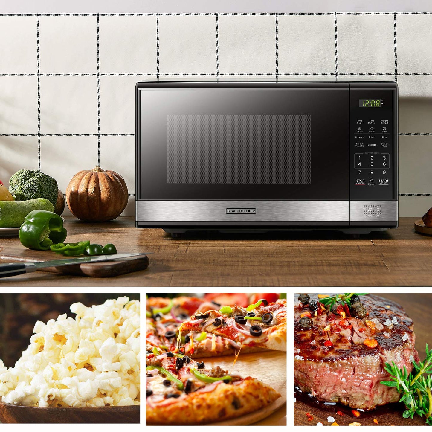 BLACK+DECKER EM720CB7 Digital Microwave Oven with Turntable Push-Button Door, Child Safety Lock, 700W, Stainless Steel, 0.7 Cu.ft