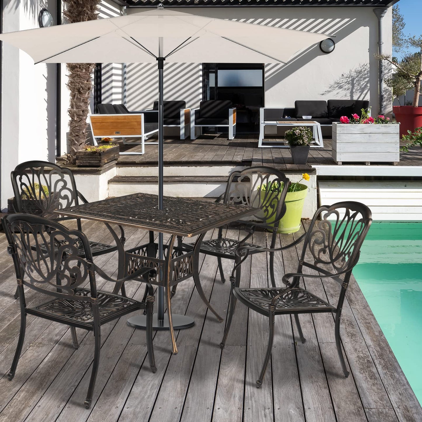VINGLI 5 Pieces Outdoor Patio Dining Set, Cast Aluminium Patio Furniture Set with 4 Chairs and 1 Umbrella Table for Yard, Garden, Porch and Poolside, Bronze (Square Table)