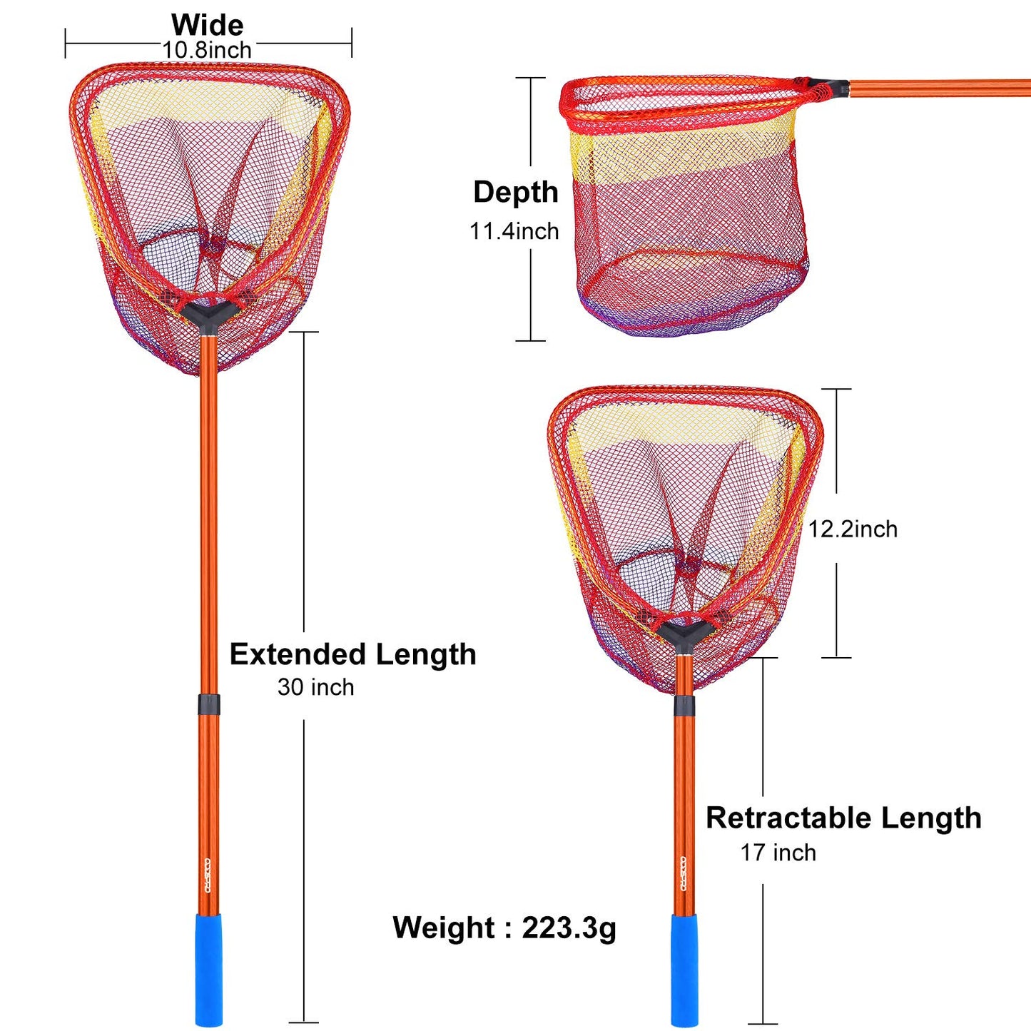 Kids Fishing Net - Telescoping Bait, Minnow, and Butterfly Net With 11.4" Depth, Handle Extends to 30" for Easy Catch and Release