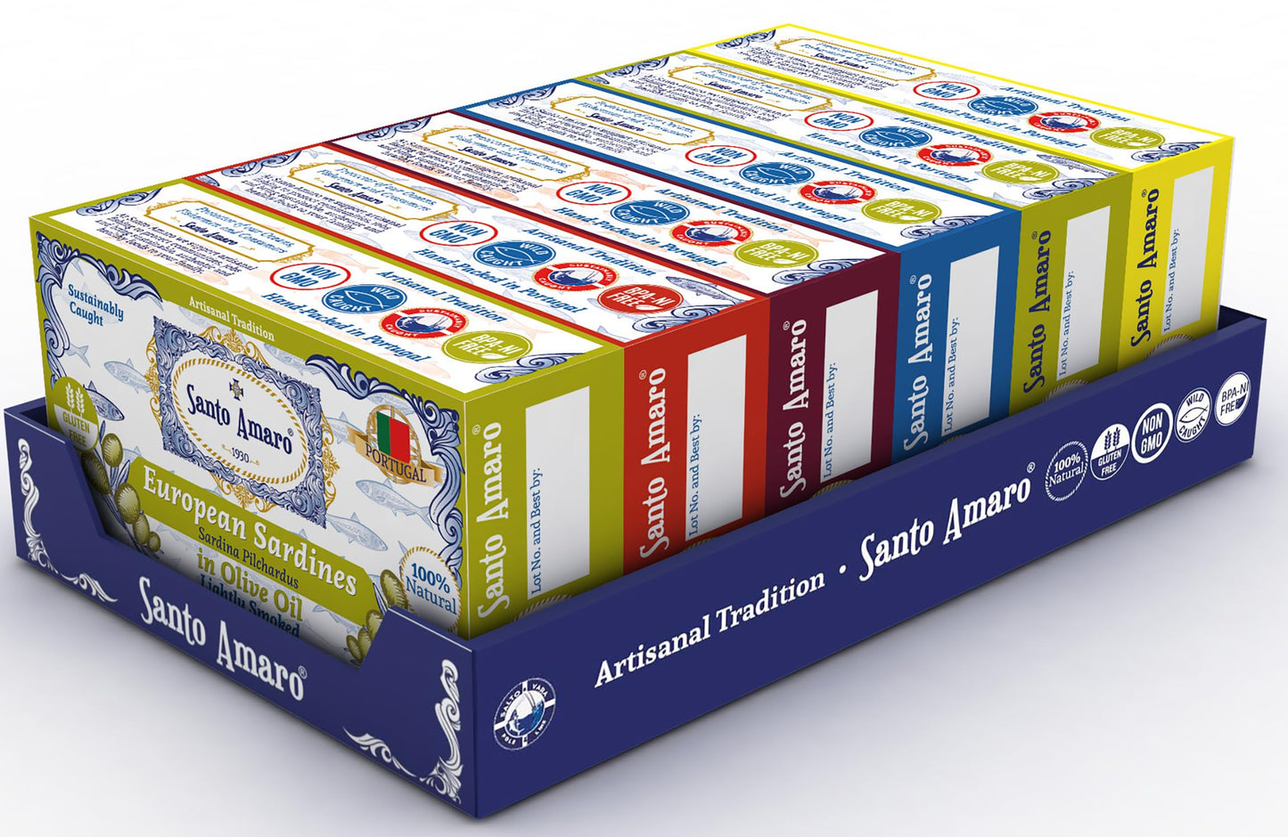 Santo Amaro - 6 Flavor Variety Pack Sampler European Wild Sardines - Virgin Olive Oil - Tomato Sauce from Puree - Virgin Olive Oil & Spicy Red Piri Piri Pepper - Spring Water - Virgin Olive Oil & Lisbon Lemon - Tomato Puree with Spicy Red Piri Piri Pepper