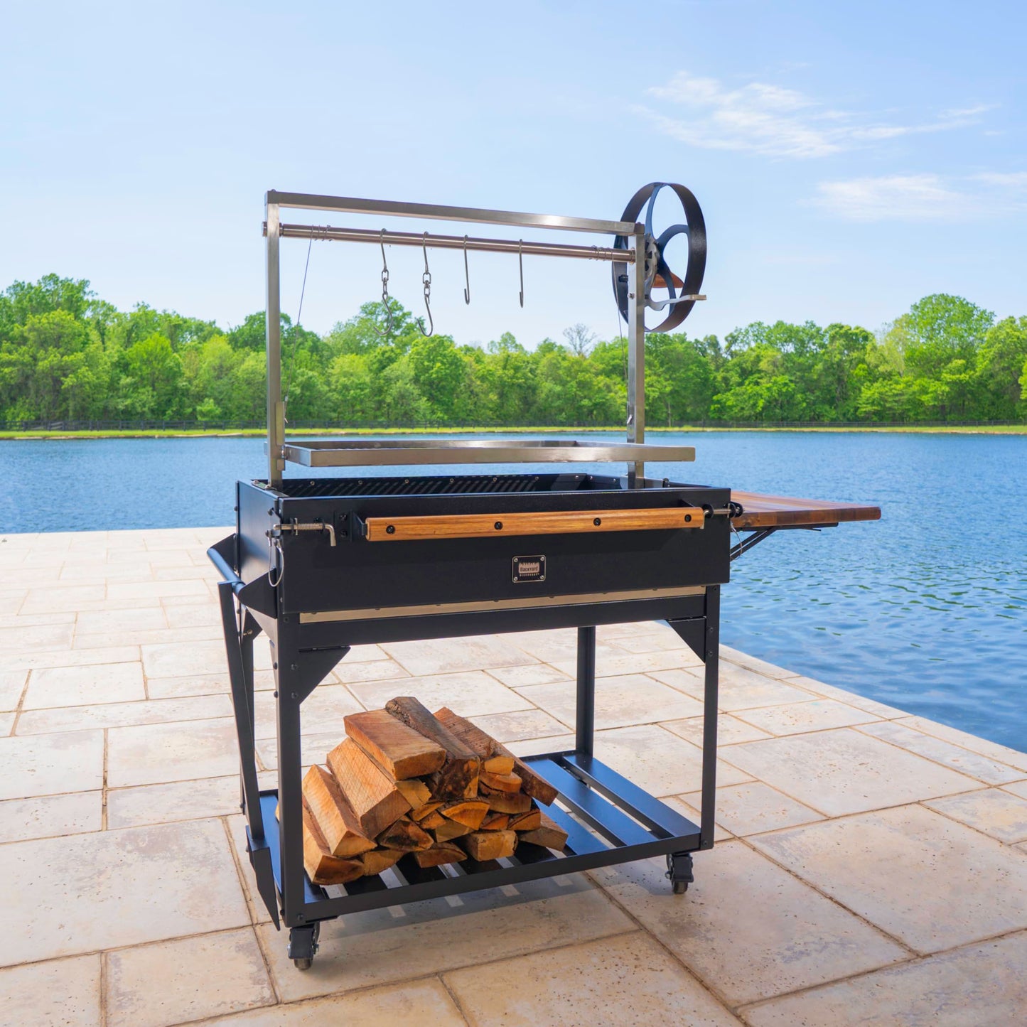 Backyard Discovery Argentine Santa Maria Wood Fire & Charcoal BBQ Grill with Brasero, Adjustable Grill Grates, Fire Bricks, Heavy-Duty Steel, S-Hooks, Acacia Wood Table for Outdoor Gaucho Grilling