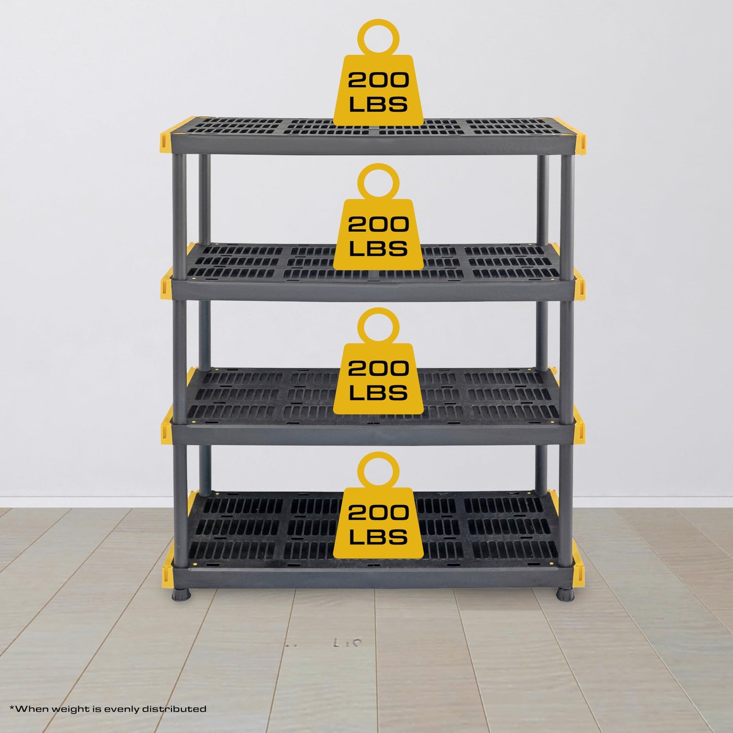 BLACK & YELLOW, 4-Tier Heavy Duty Plastic Storage Shelving Unit, 200lbs/shelf (55"H x 48"W x 20"D), for Indoor/Outdoor Organization, Modular Rack