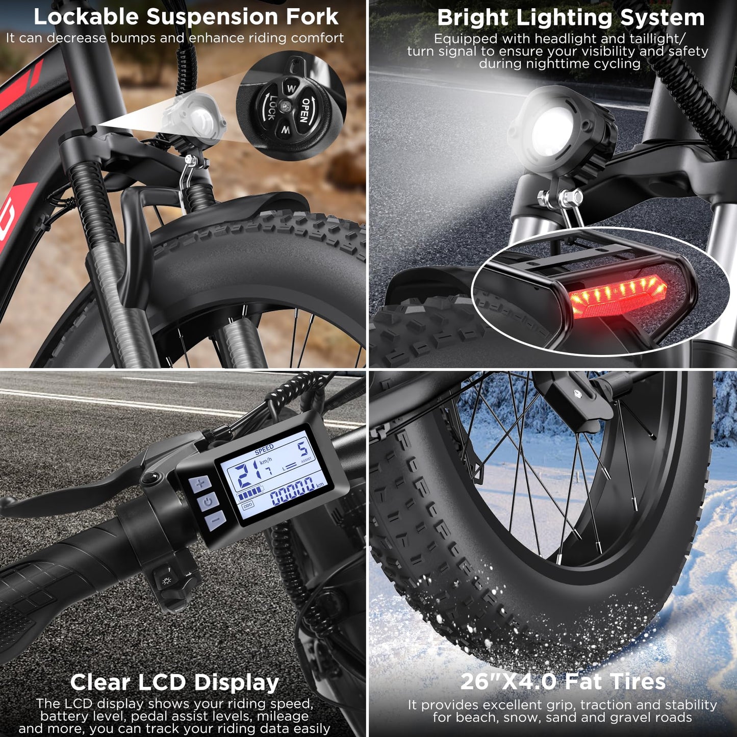 Electric Bike for Adults, 1000W Peak Ebike, 25MPH 60Miles Electric Mountain Bike, 26" Fat Tire Electric Bicycle with 48V 13AH Battery, Rear Rack, Turn Signal, Lockable Suspension Fork,7 Speed