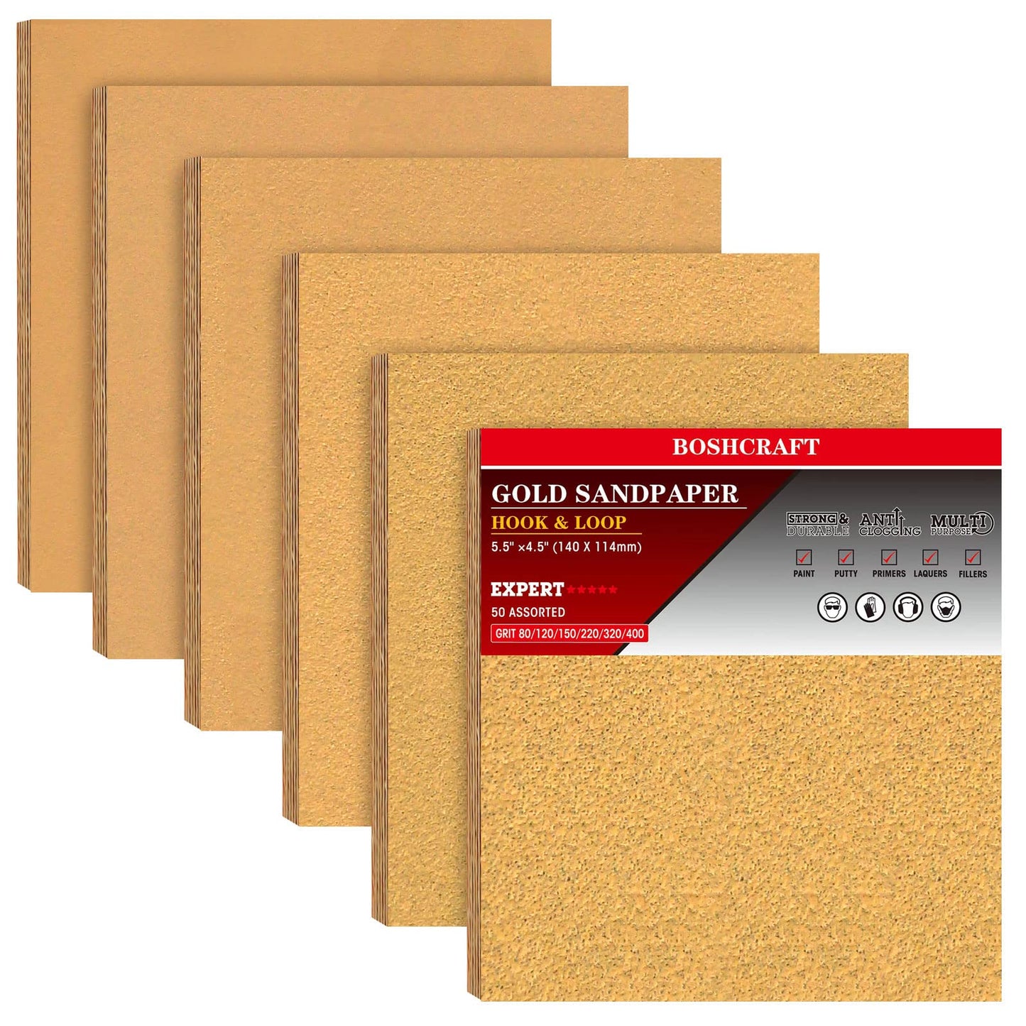 50 Pcs 1/4 Sheet Sandpaper, Premium Sand Paper 80/120/150/220/320/400 Grit Sandpaper Sheet Sand Paper Assortment for Wood Metal Automotive Palm Sanders 5.5" x 4.5"