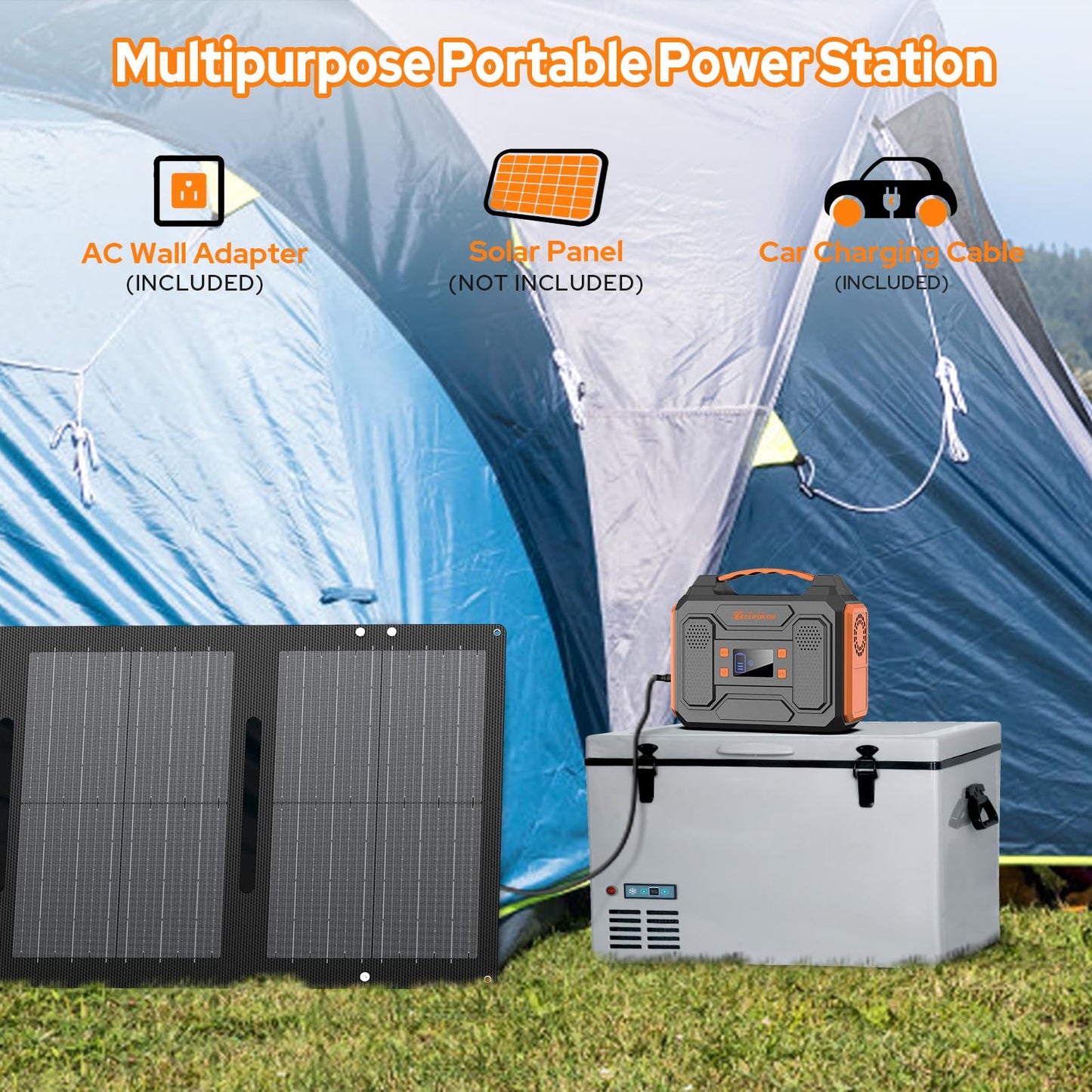 Portable Solar Generator, 300W Portable Power Station with Foldable 60W Solar Panel, 110V Pure Sine Wave 280Wh Lithium Battery Pack with USB DC AC Outlet for Home Use RV Van Outdoor Camping-Orange