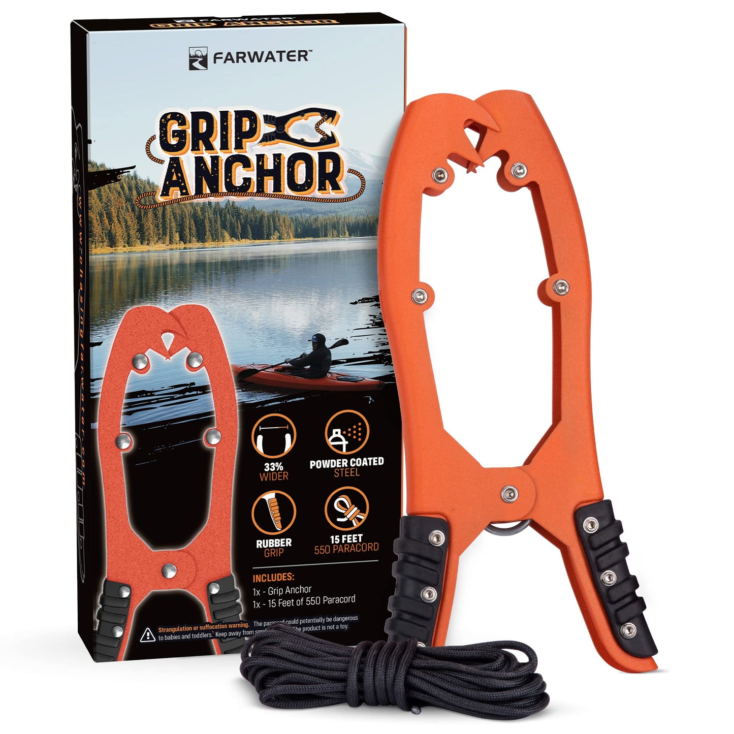Canoe Anchor Grip - Boat, Float Tube & Kayak Fishing Accessories, Kayaking Equipment - Brush Clamp Anchor with Teeth - Gripper with 15ft Paracord - Rubber Grips - Coated Steel -
