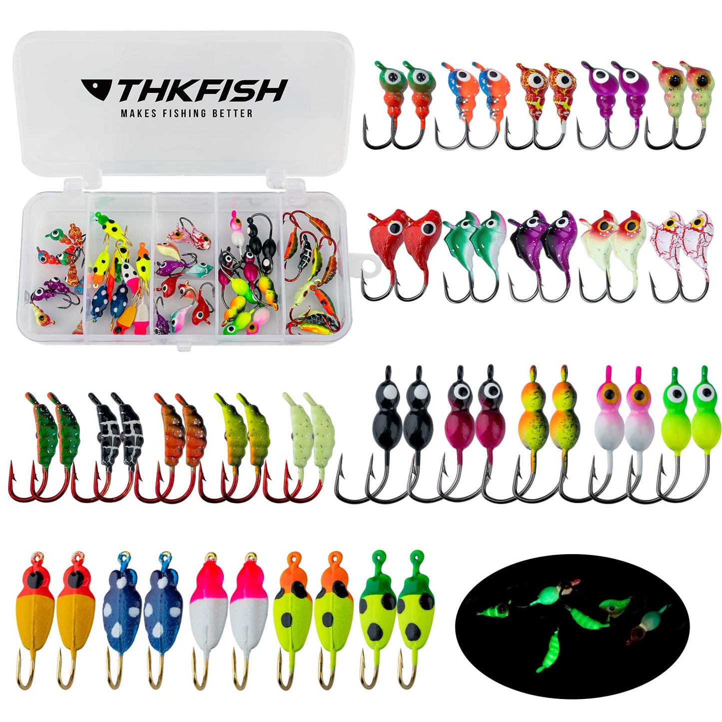 THKFISH Ice Fishing Jigs Kit Ice Fishing Lures for Walleye Perch Jigs Heads for Ice Fishing Tackle Panfish Crappie Jigs 50PCS/31PCS