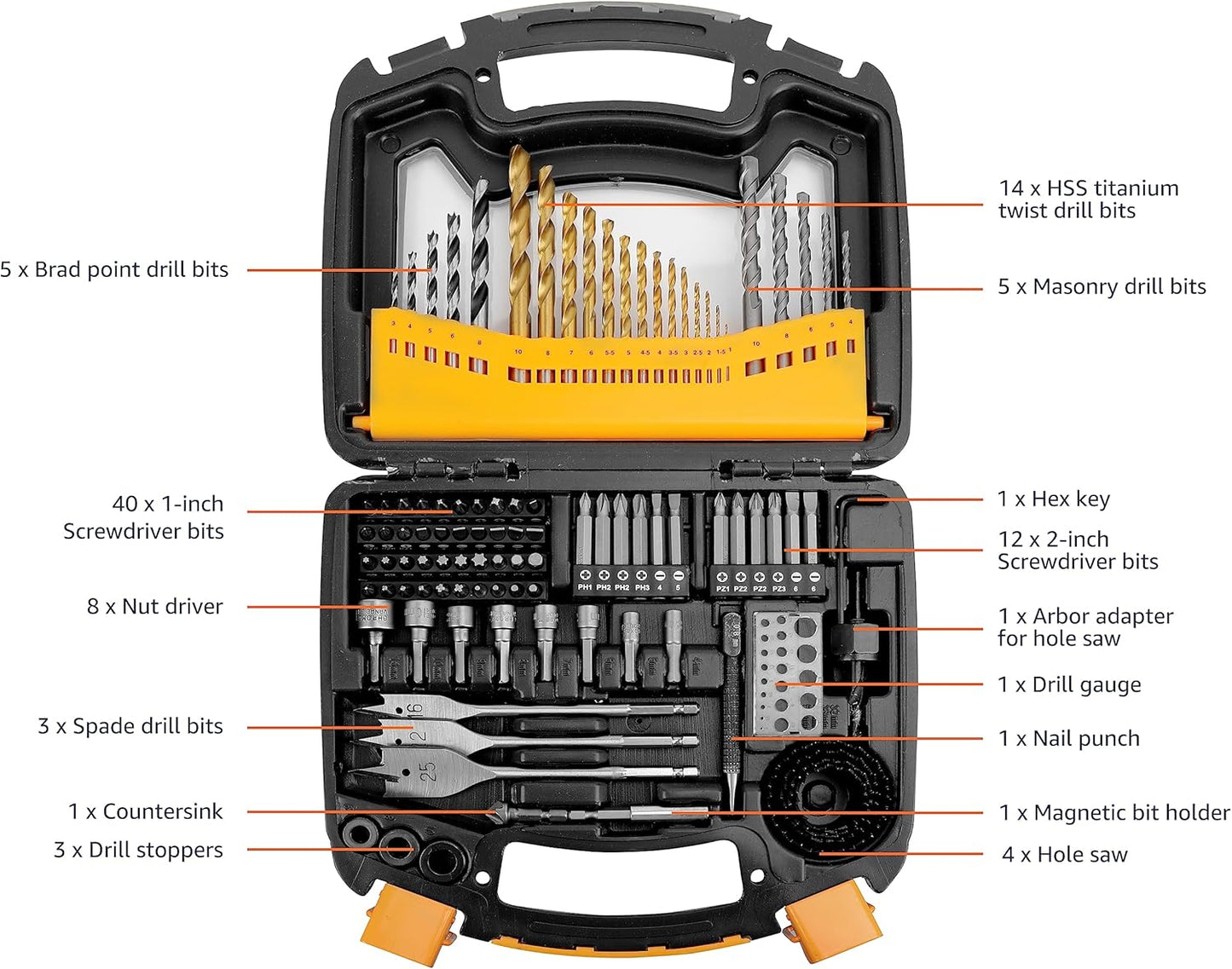 Amazon Basics Drill & Driver Multi Bit Set, Alloy Steel Wood Straight Drill Bits, for Metal, Wood, Plastic, Masonry, with Storage Case, 100-Piece