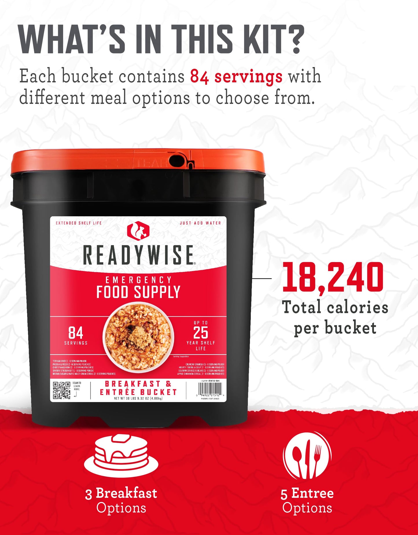 READYWISE - Emergency Food Supply Bucket, 120 Servings, MRE Meal Food Supply, Premade, Freeze Dried Survival Rations for Hiking, Adventure & Camping Essentials, Individually Packaged, 25 Year Shelf Life
