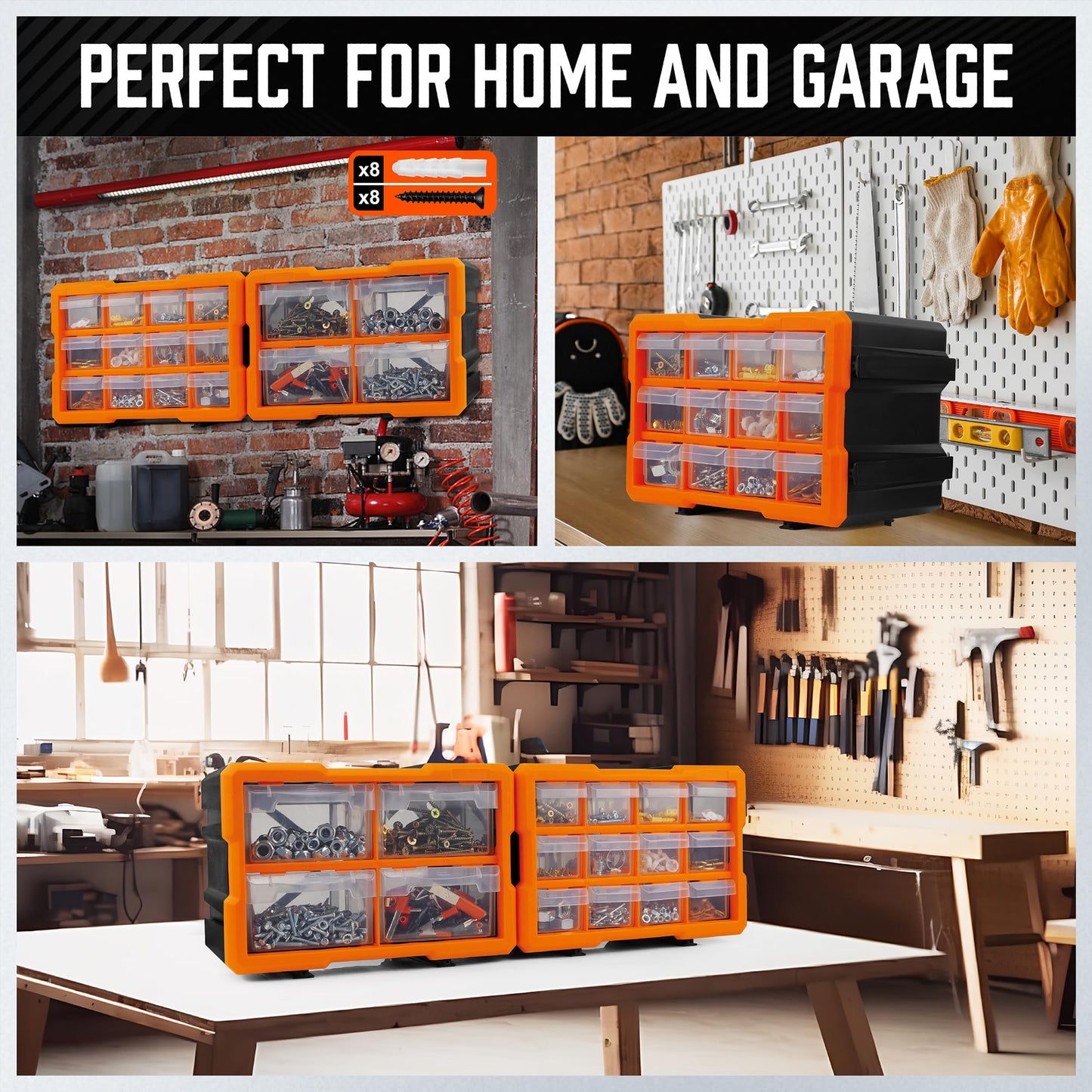 HORUSDY Wall Mounted Storage Bins Parts Rack 30PC Organizer Garage Plastic Shop Tool for Men's Gift, Blue,Orange,Red