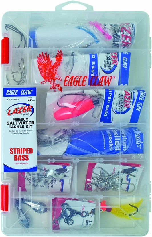 EAGLE CLAW LAZER SHARP STRIPED BASS SALTWATER TACKLE KIT, 33 PIECES, CONTAINS ASSORTMENT OF HOOKS, SINKERS AND TACKLE FOR SALTWATER STRIPED BASS