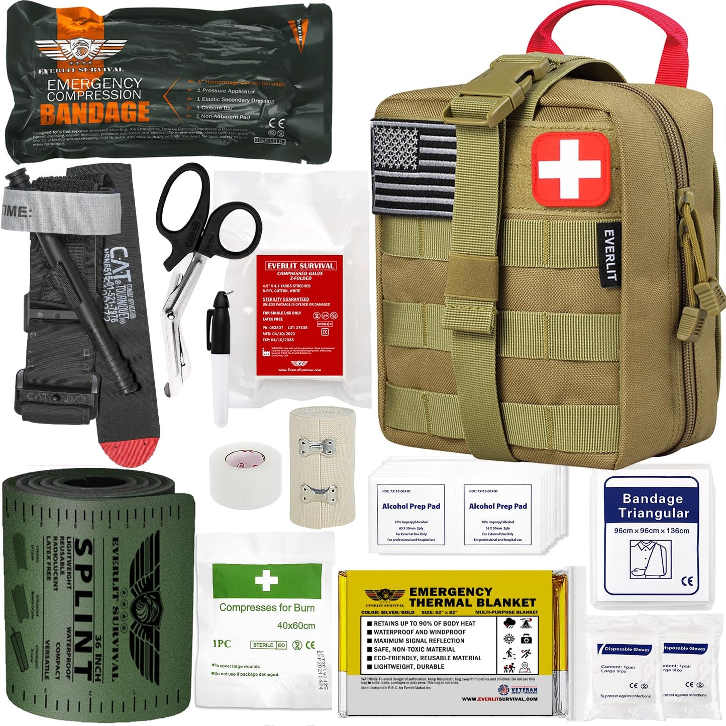 EVERLIT Emergency Trauma Kit, CAT GEN-7 Tourniquet 36" Splint, Military Combat Tactical IFAK for First Aid Response, Critical Wounds, Severe Bleeding Control (Black)