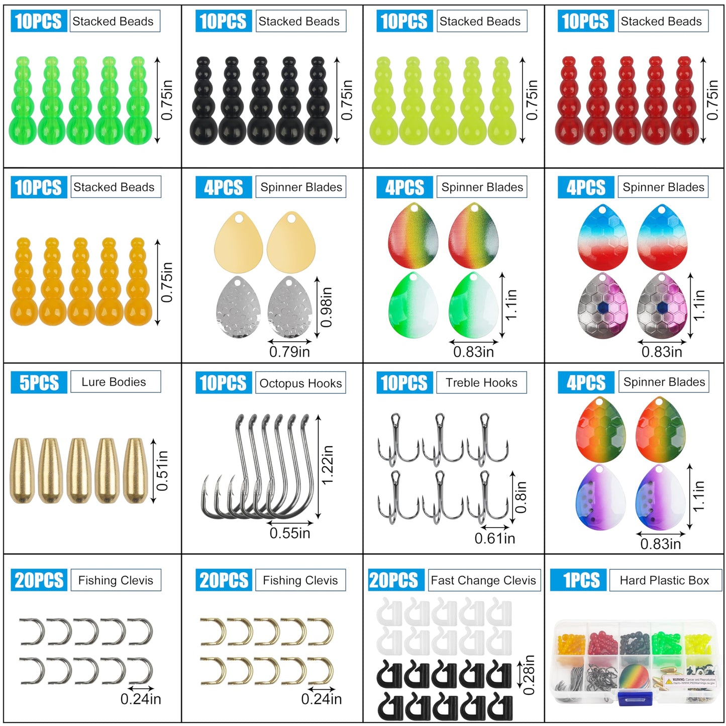 Walleye Rig Making Kit,205pcs DIY Lure Making Supplies Parts for Crawler Harness Walleye Spinner Rigs Colorado Blades Pompano Floats Clevises Beads Hooks Spinner Lure Making Kit