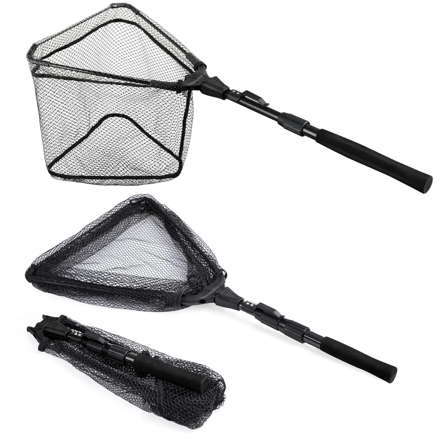 PLUSINNO Fishing Net Fish Landing Net, Foldable Collapsible Telescopic Pole Handle, Durable Nylon Material Mesh, Safe Fish Catching or Releasing