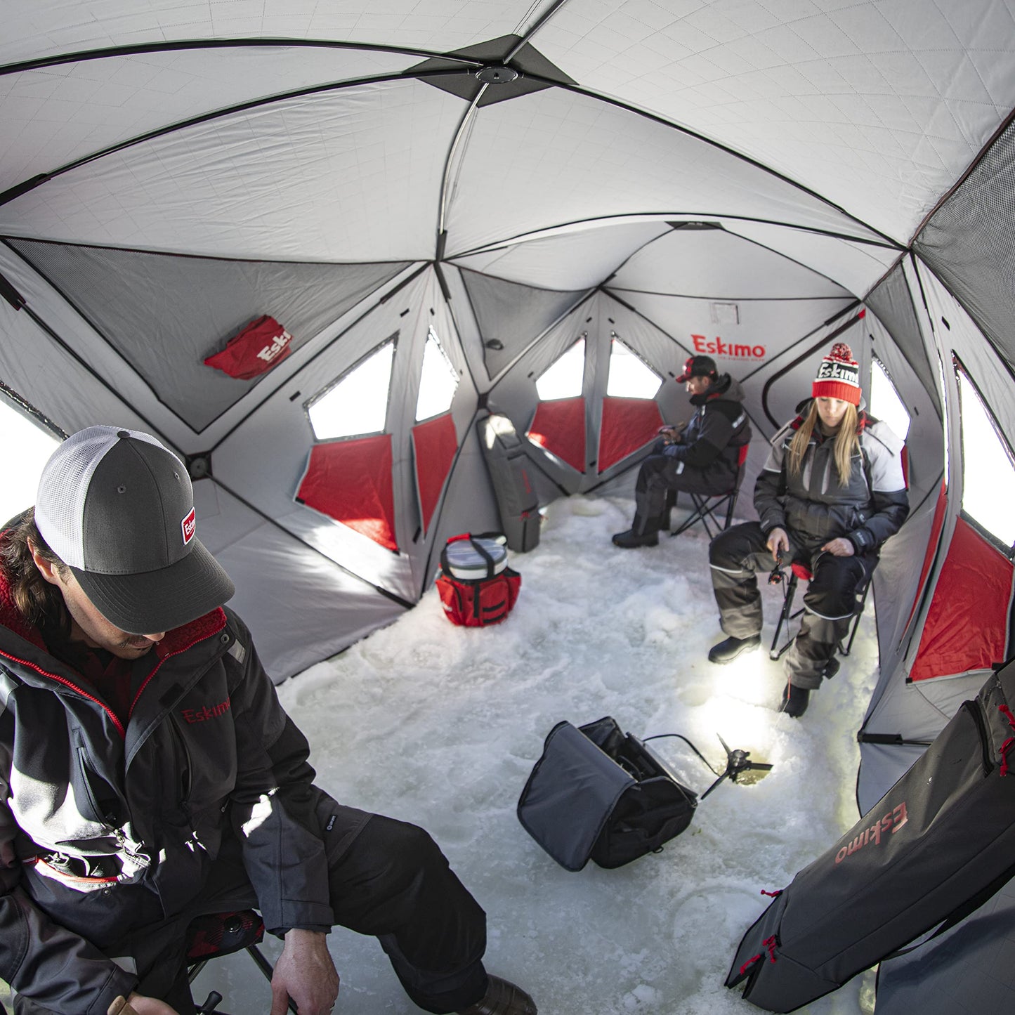 Eskimo Outbreak Portable Pop-Up Ice Fishing Shelter, Stormshield Insulated Fabric, No Trip Door, Durable Hub Design, Deluxe Tie Downs, Red/Black