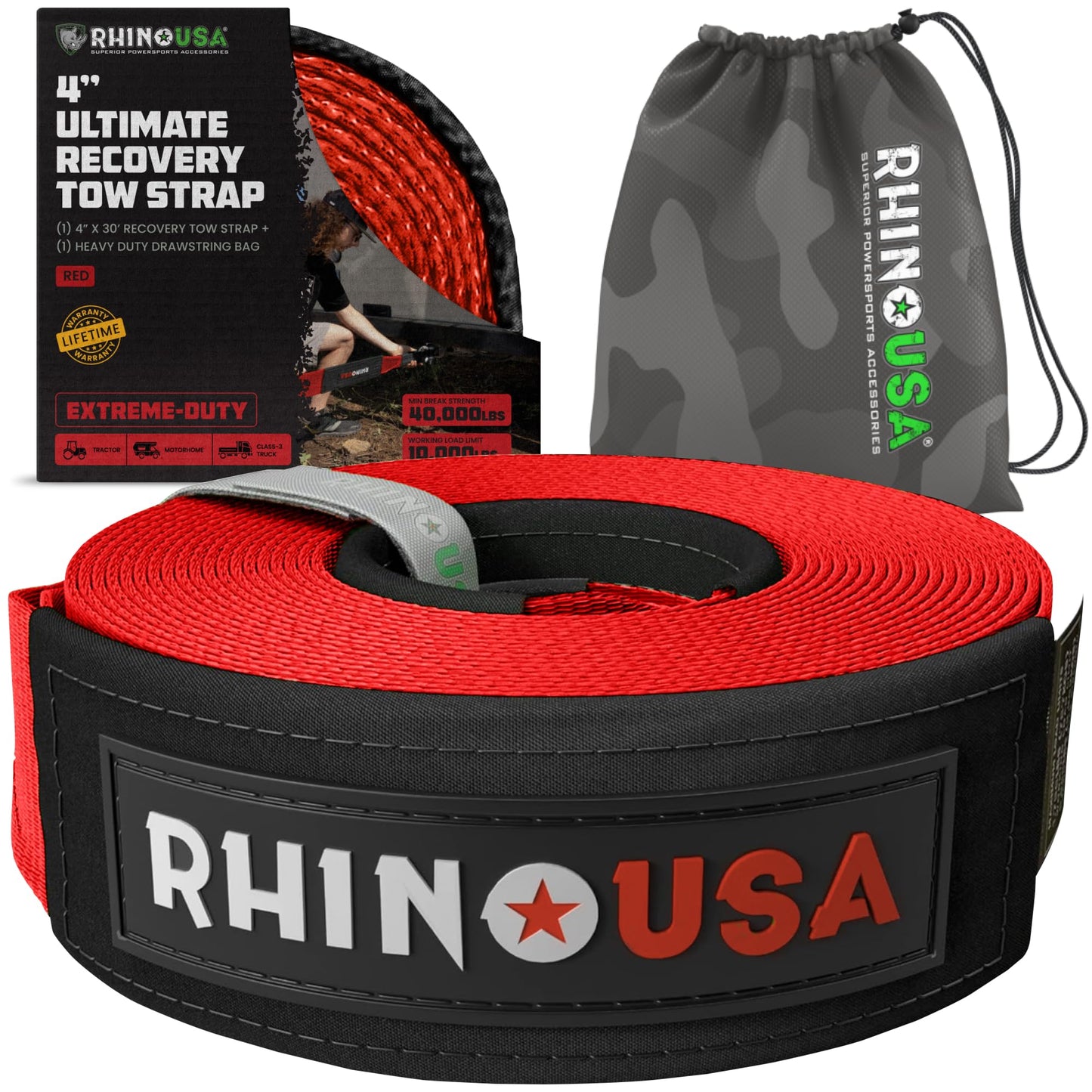 Rhino USA Recovery Tow Strap (3" x 20') - 31,518lb Break Strength - Emergency Recovery Strap Tow Rope for Truck, UTV, ATV & More - Heavy Duty Towing Strap for Offroad 4x4 Use - Compatible with Jeep
